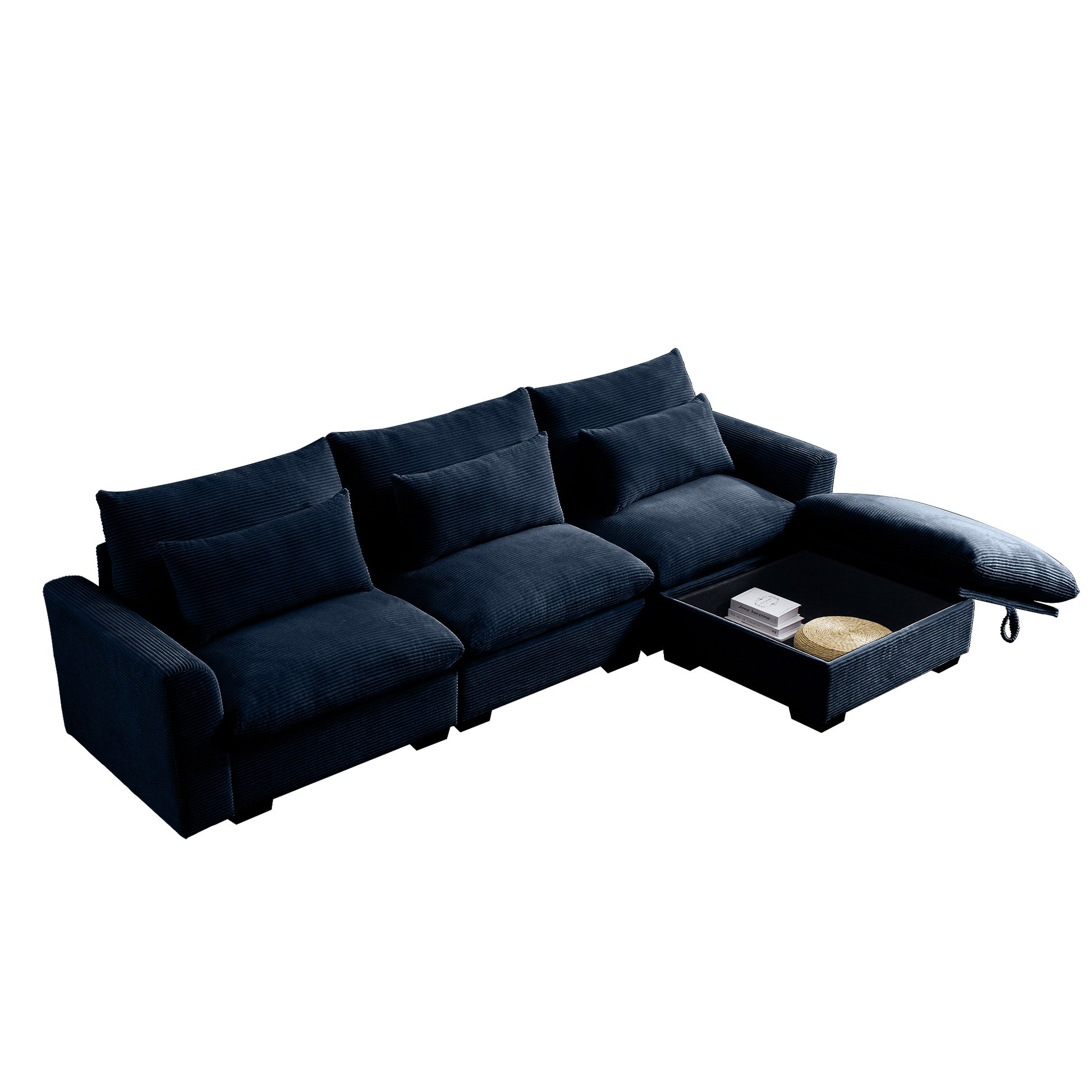 Deep navy corduroy sectional sofa with open storage compartment revealing books
