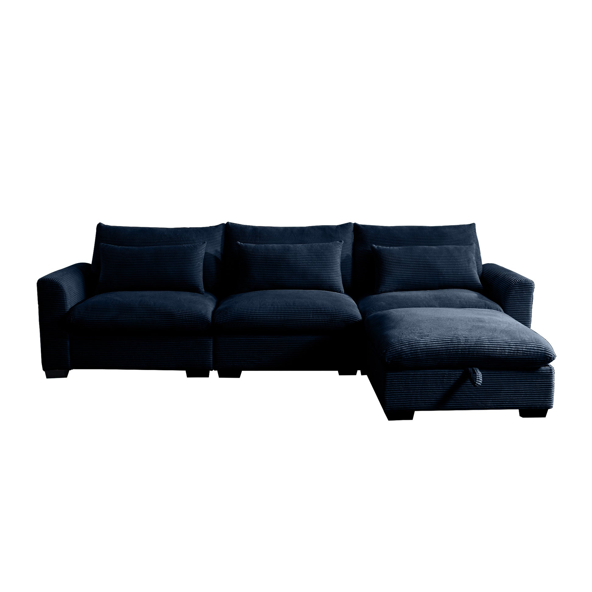 Navy blue corduroy sectional sofa with chaise and three matching throw pillows