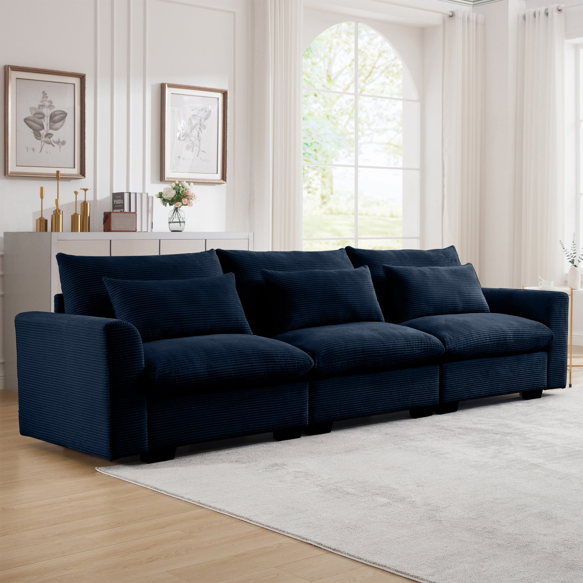 Navy blue corduroy sectional sofa with plush cushions modern living room furniture