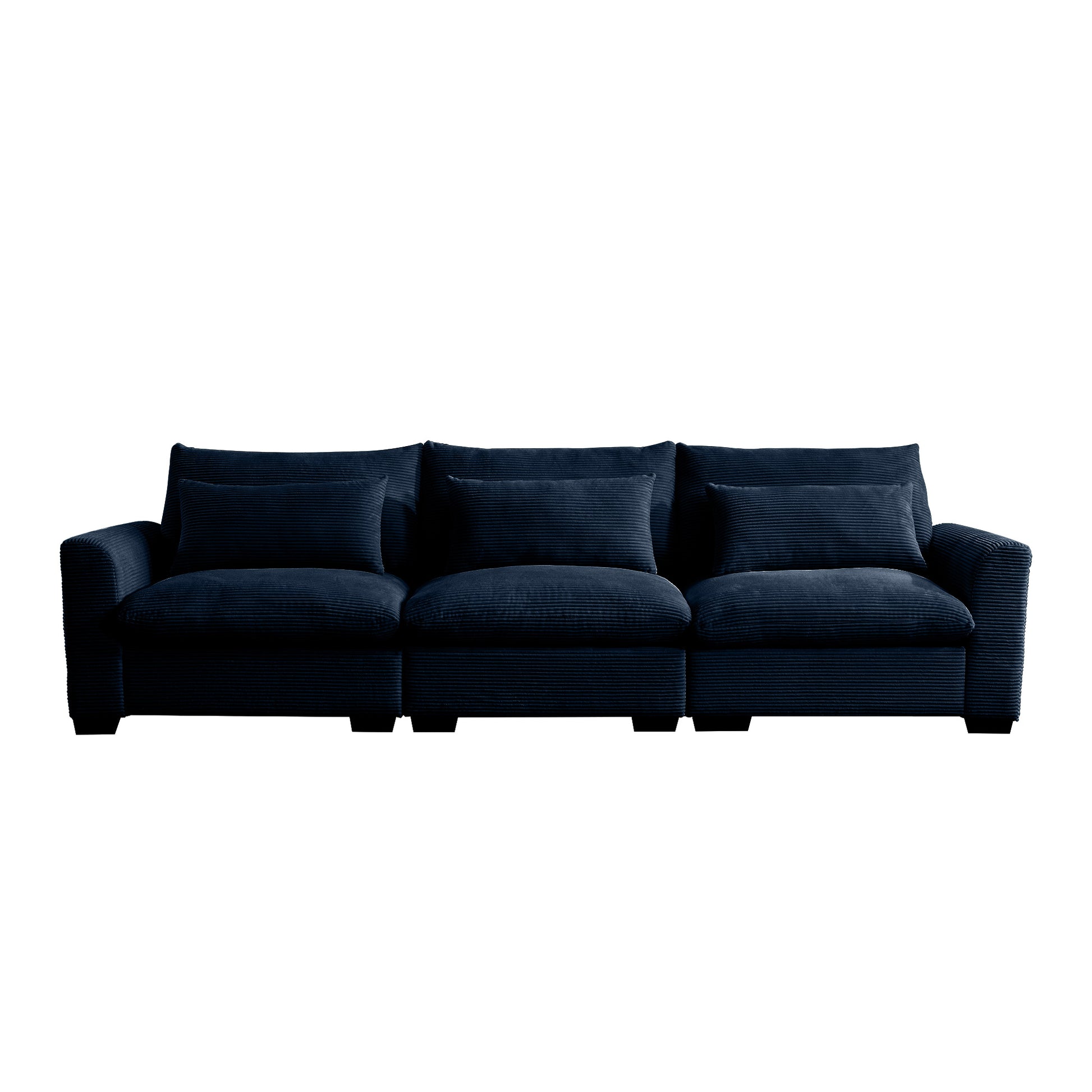 Dark navy corduroy threeseater sofa with plush cushions ideal for living rooms