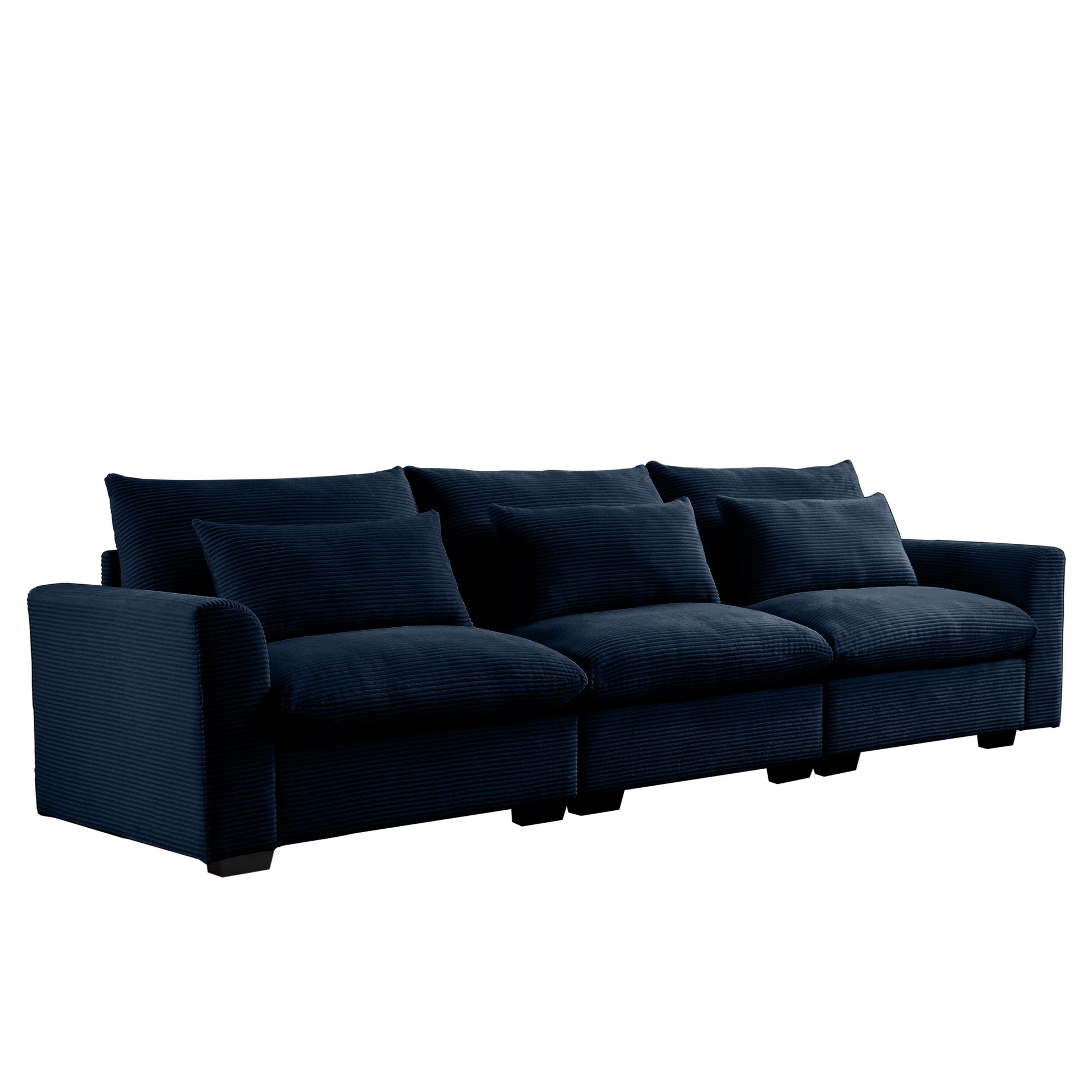 Plush navy corduroy sofa with deep seats and comfortable throw pillows
