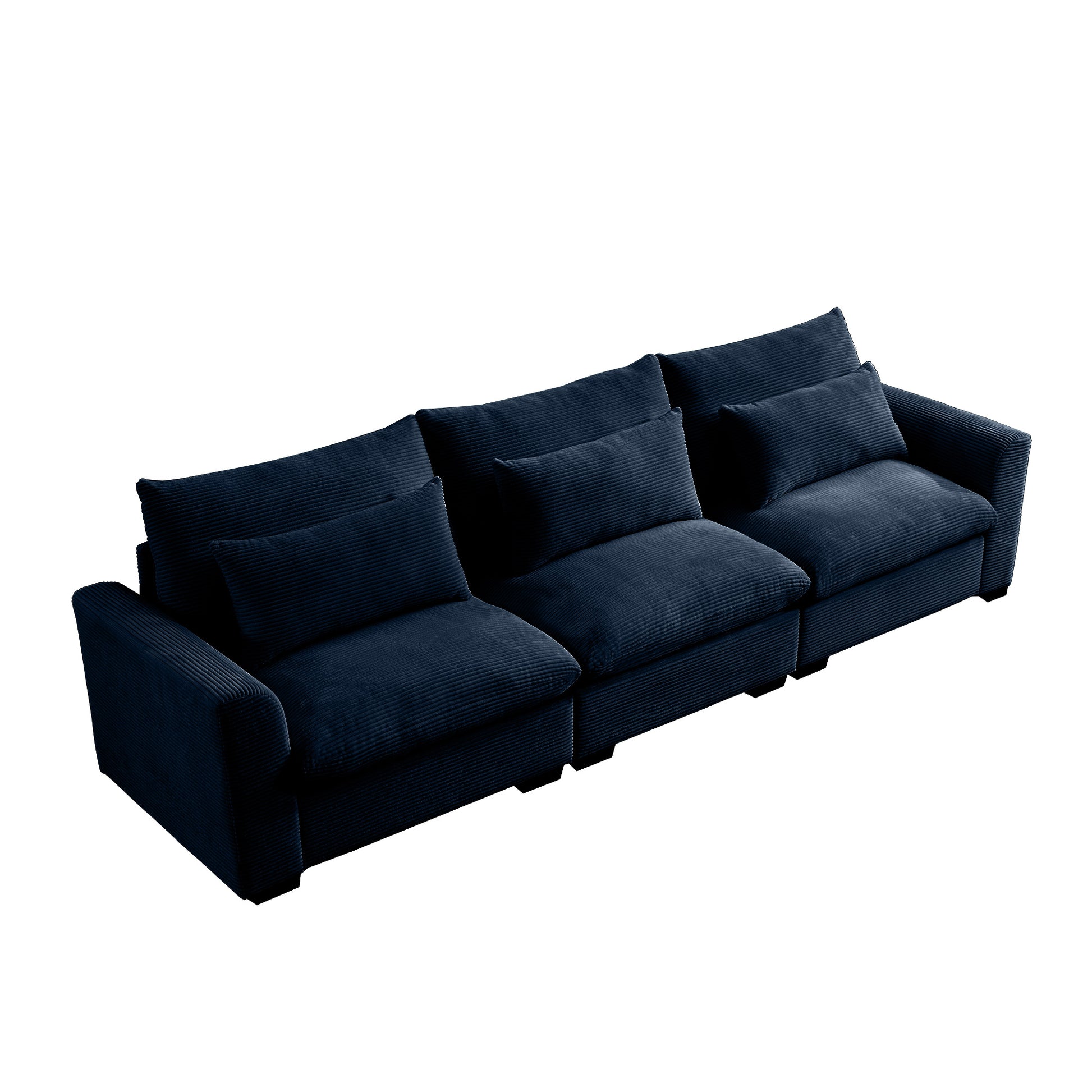 Deep navy corduroy sectional sofa with plush seat cushions and back pillows