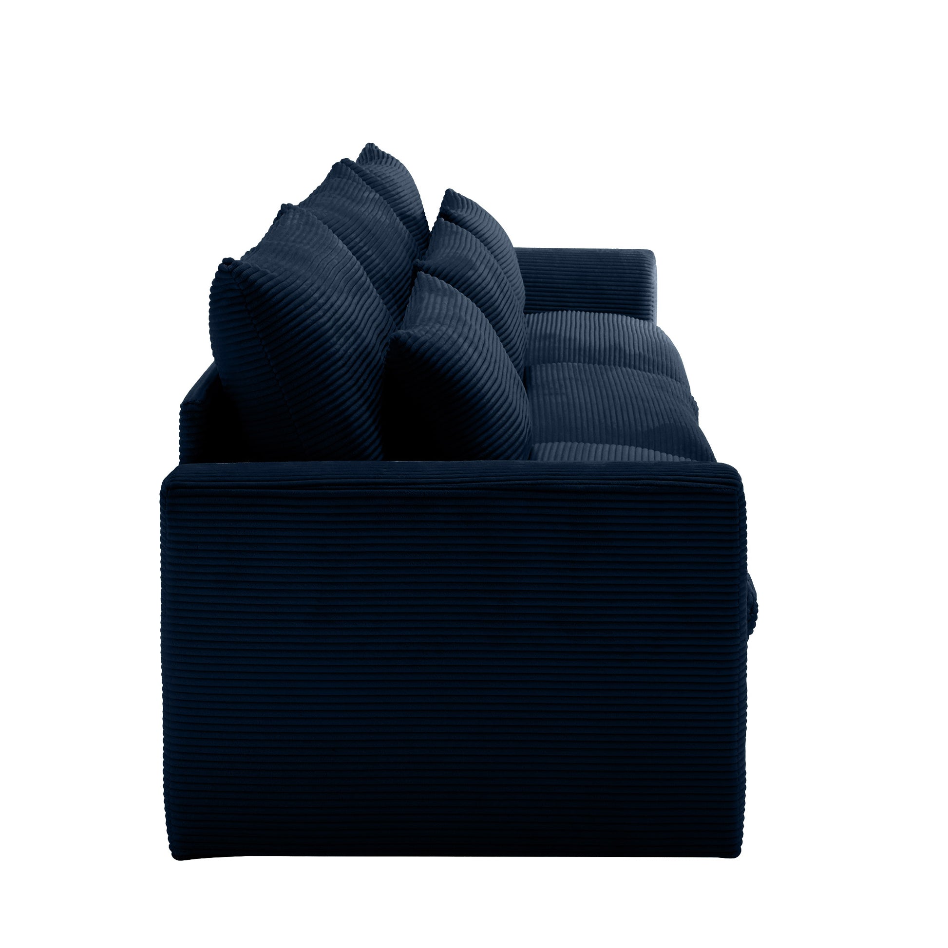 Deep navy corduroy sofa with plush throw pillows