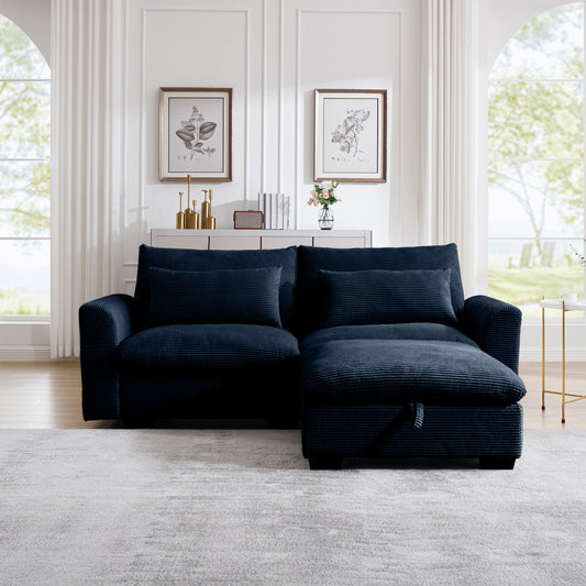 Navy blue corduroy sectional sofa with chaise lounge and storage