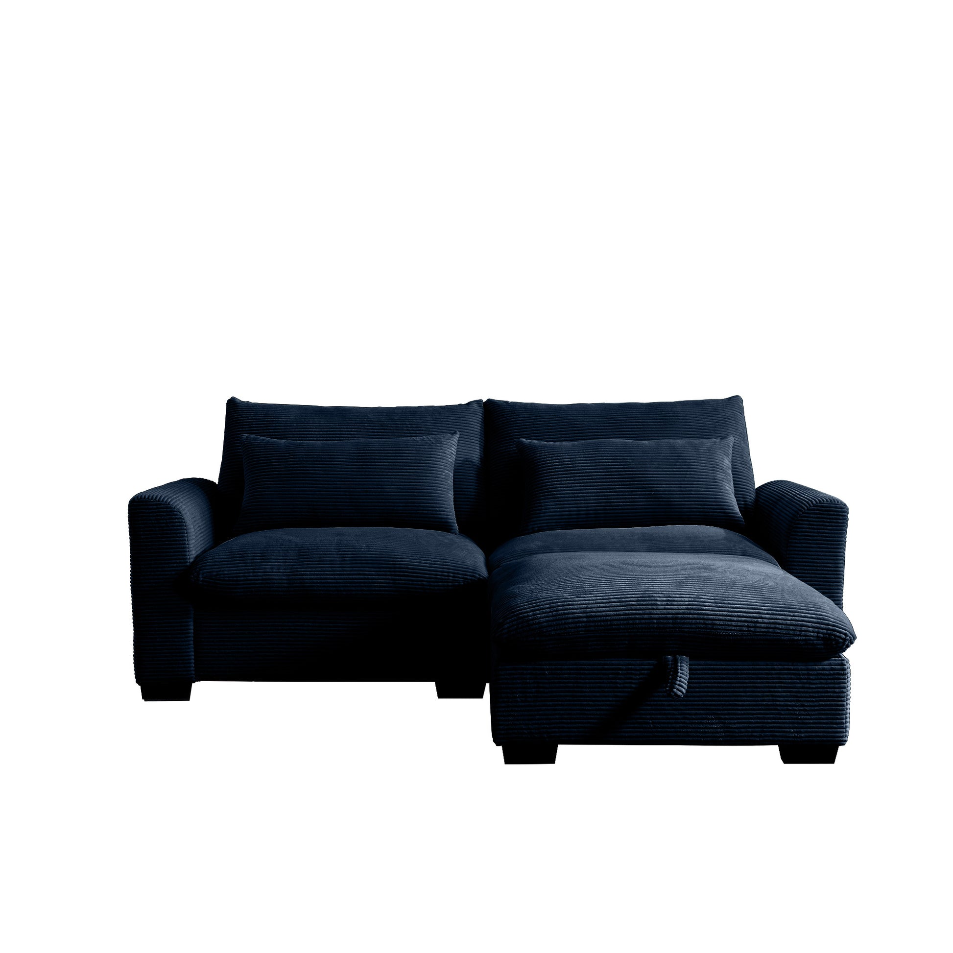 Navy blue corduroy sectional sofa with two plush throw pillows