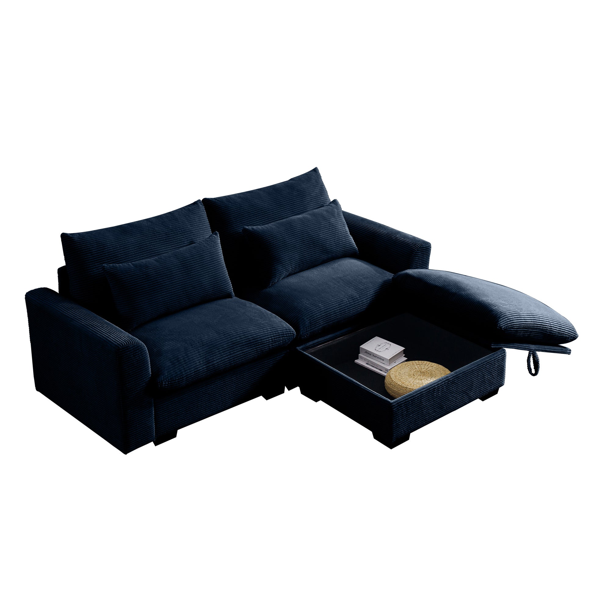 Dark blue corduroy sectional sofa with integrated tray table and throw pillows