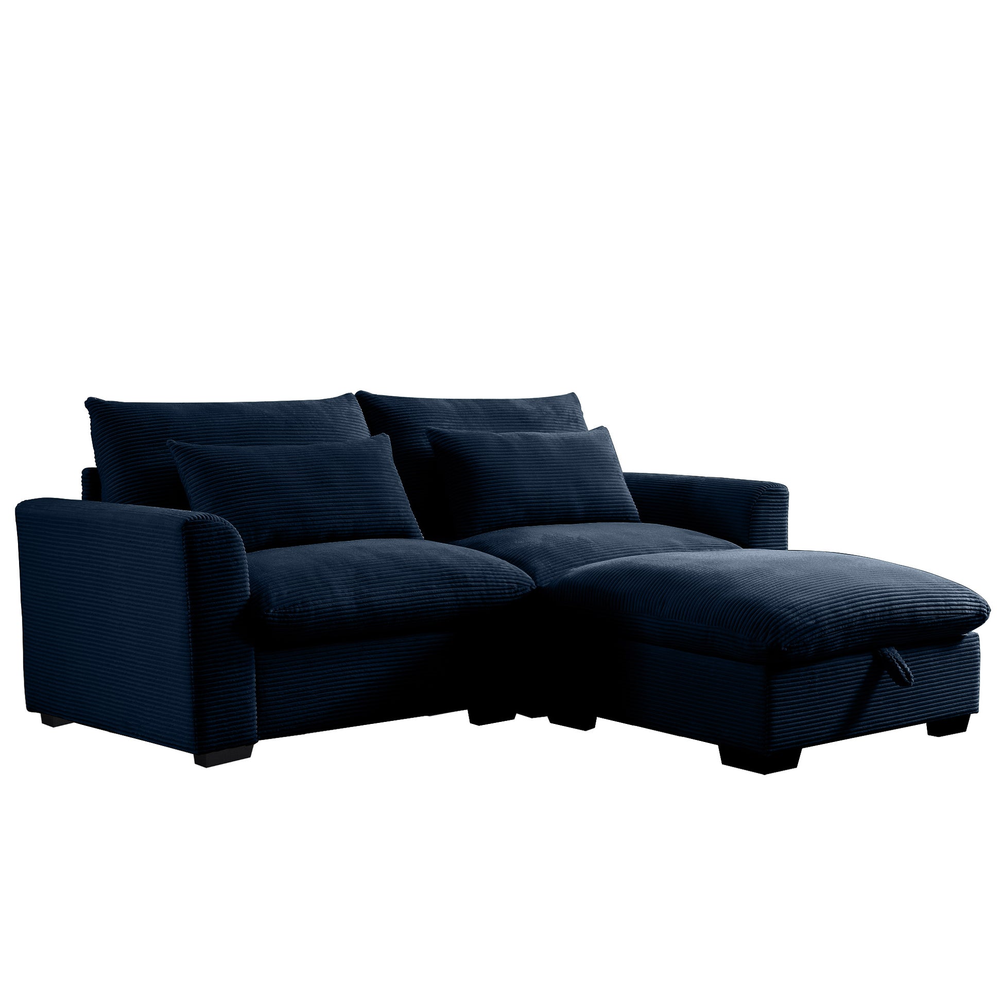 Navy corduroy sectional sofa with chaise lounge and storage ottoman