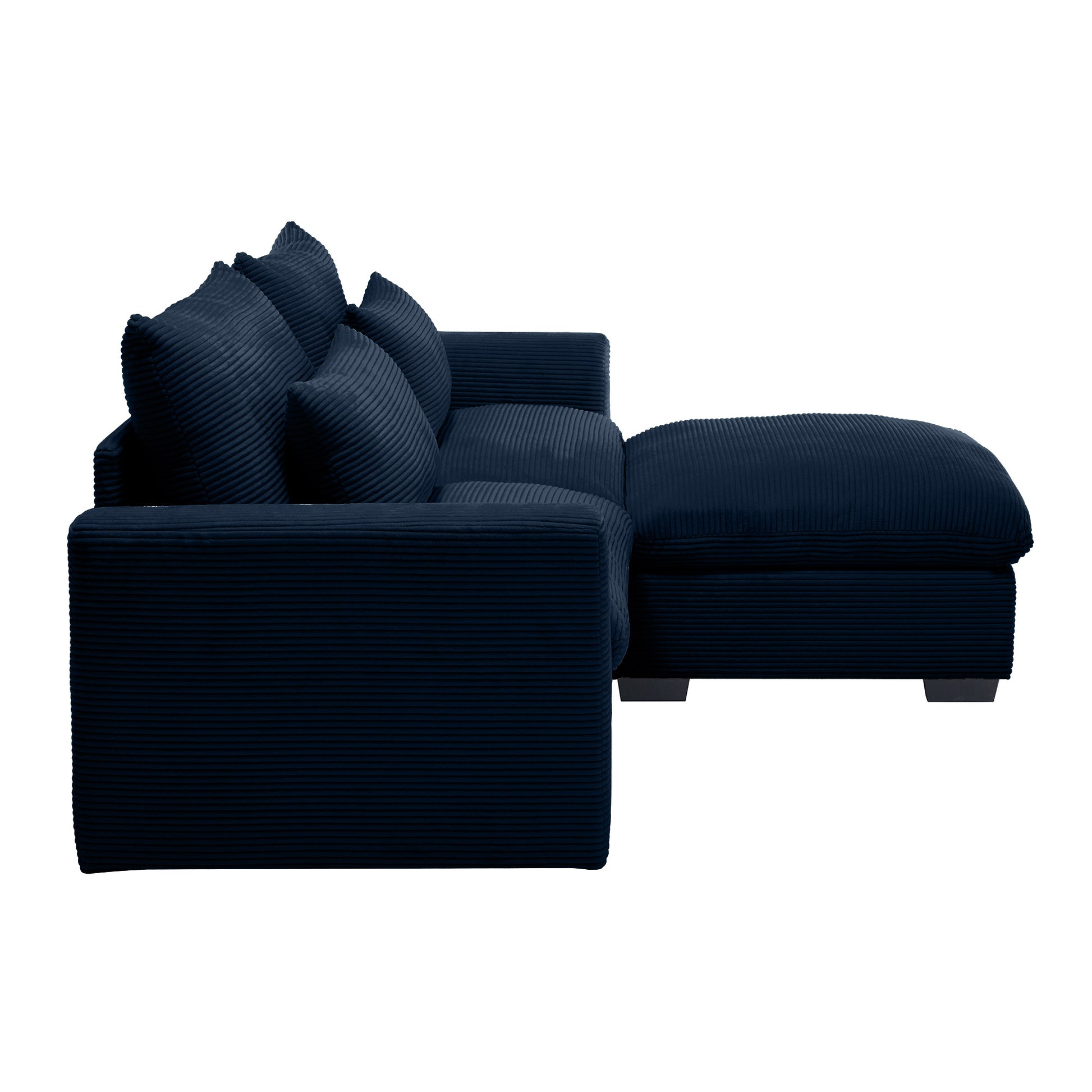 Navy corduroy sectional sofa with plush throw pillows perfect for a cozy living room