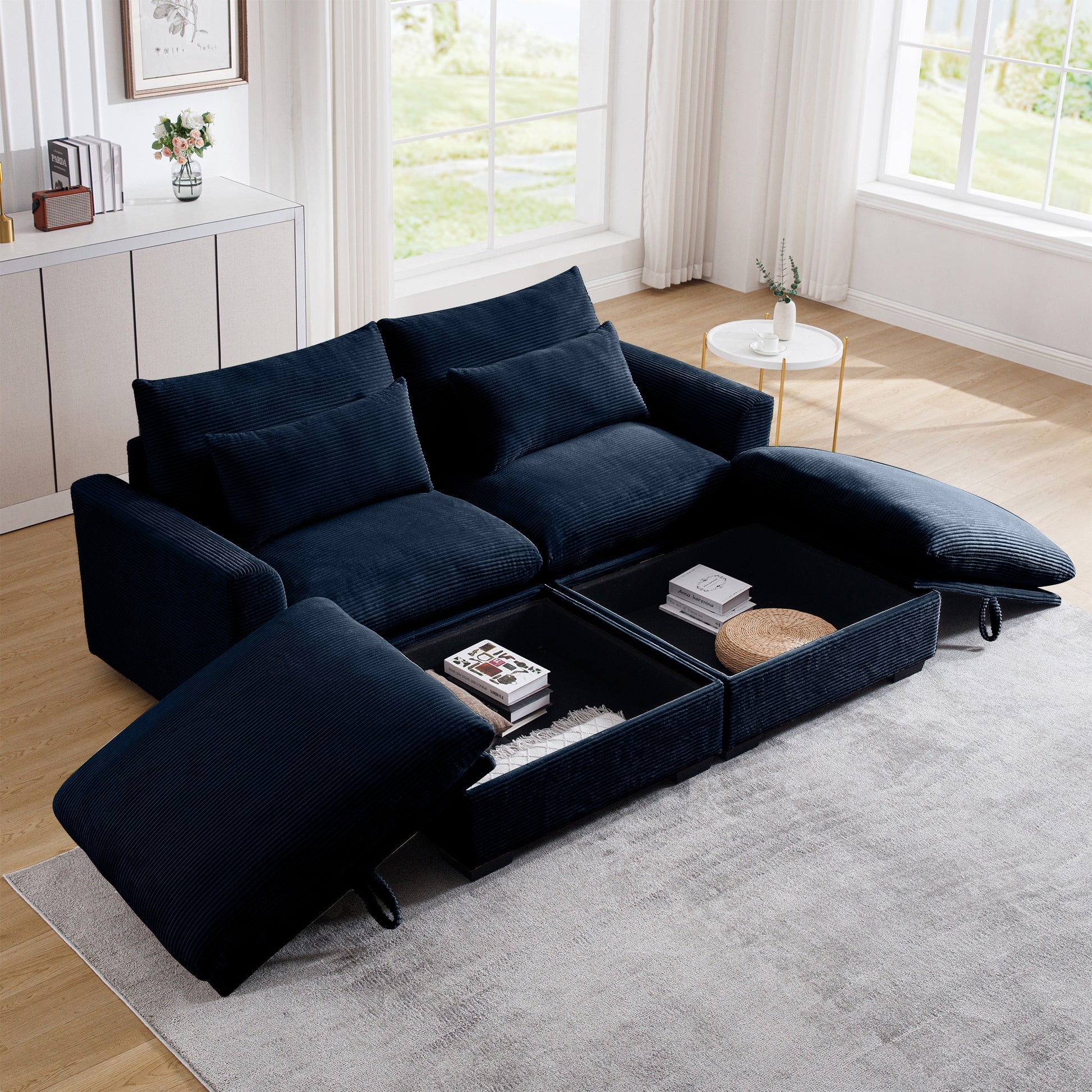 Deep navy blue corduroy sectional sofa with storage compartments and plush cushions
