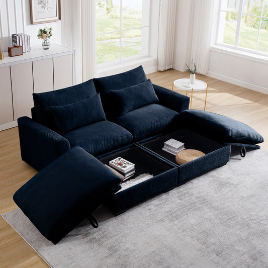 Deep navy blue corduroy sectional sofa with storage compartments and plush cushions
