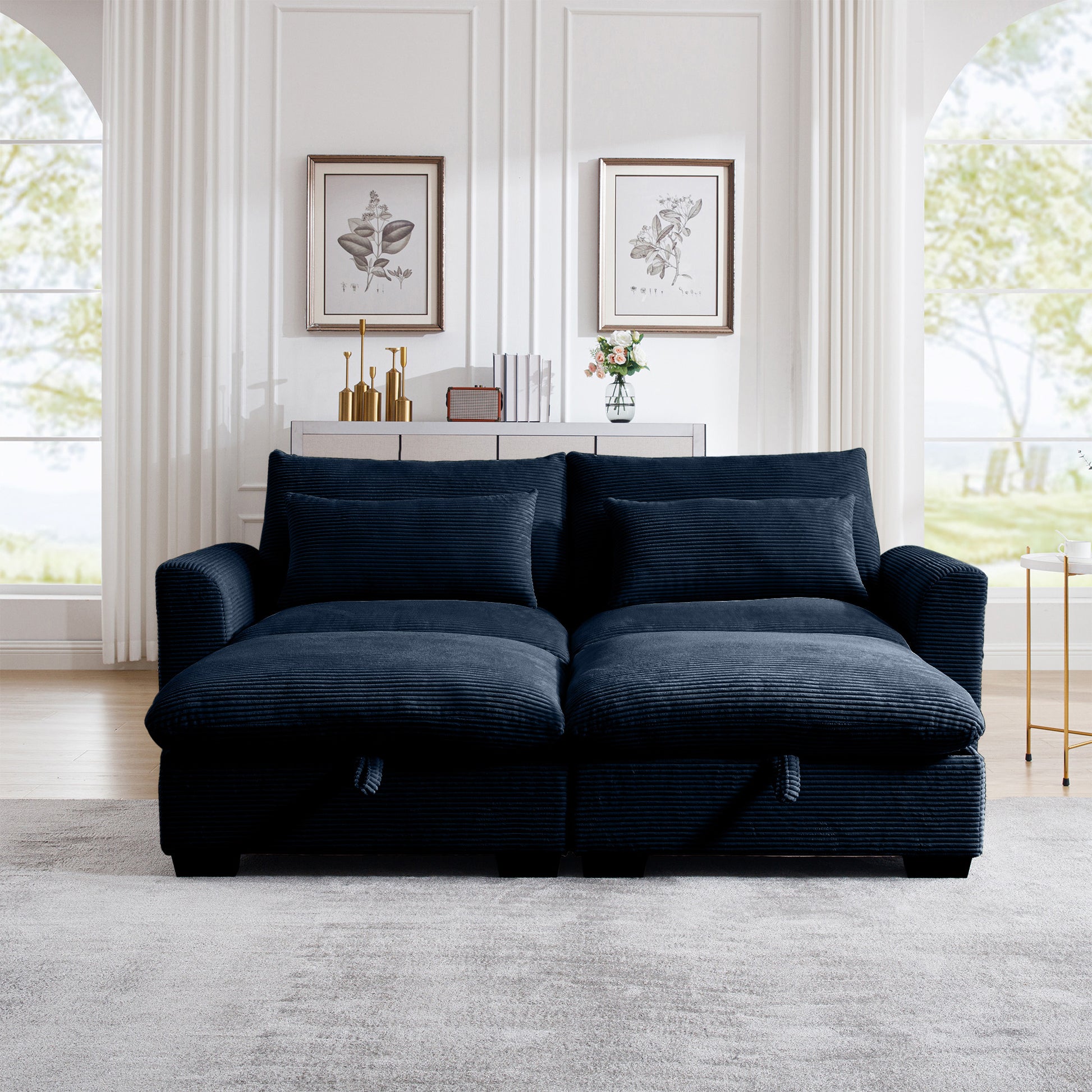 Plush navy corduroy sectional sofa with plush cushions and throw pillows perfect for modern living rooms