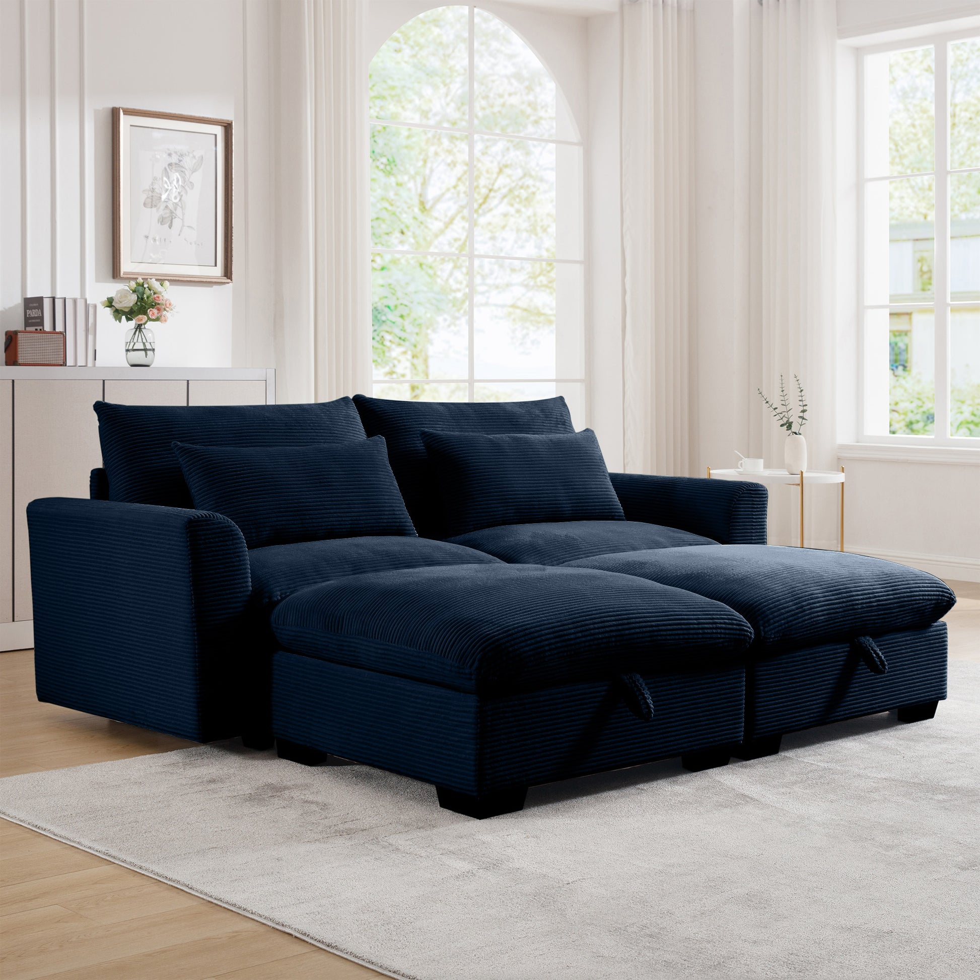 Navy blue corduroy sectional sofa with storage ottoman featuring tufted cushions and sleek lines