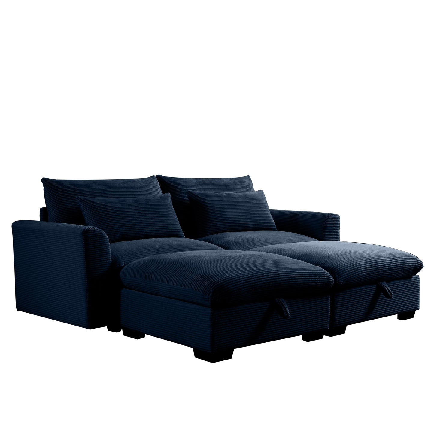 Navy corduroy sectional sofa with plush cushions and two ottomans