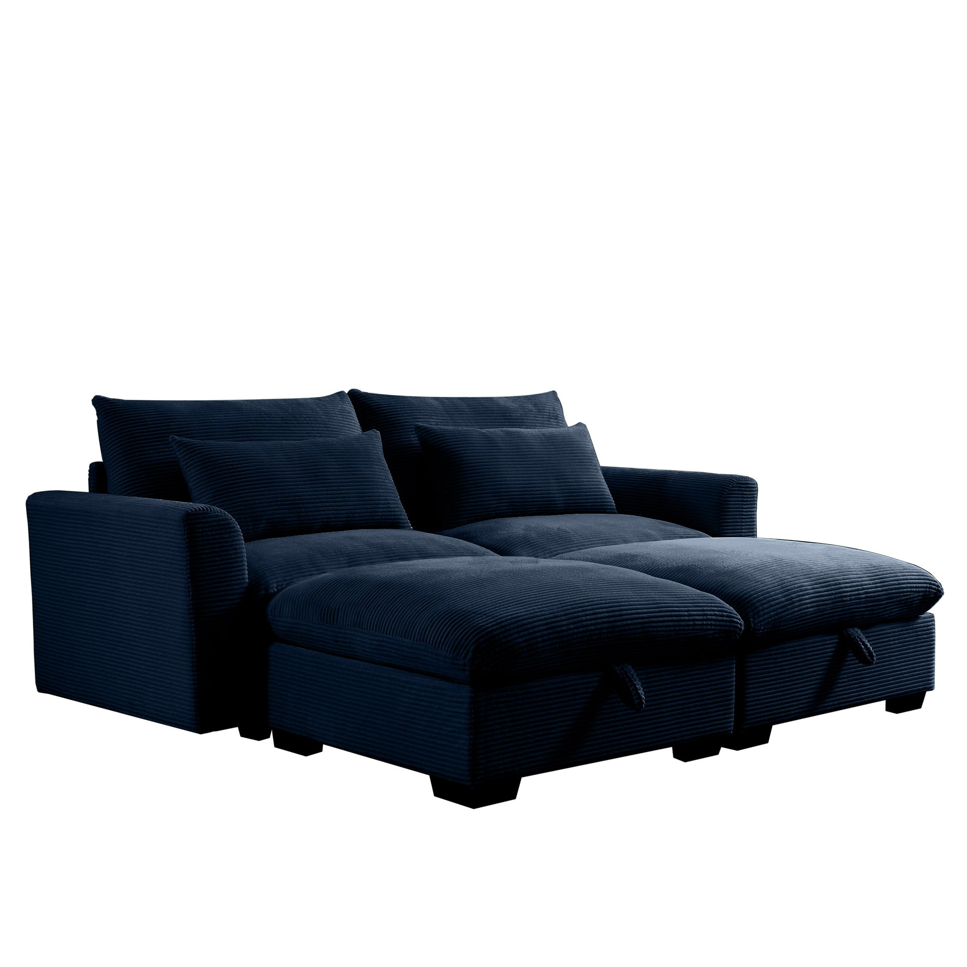 Navy corduroy sectional sofa with plush cushions and two ottomans