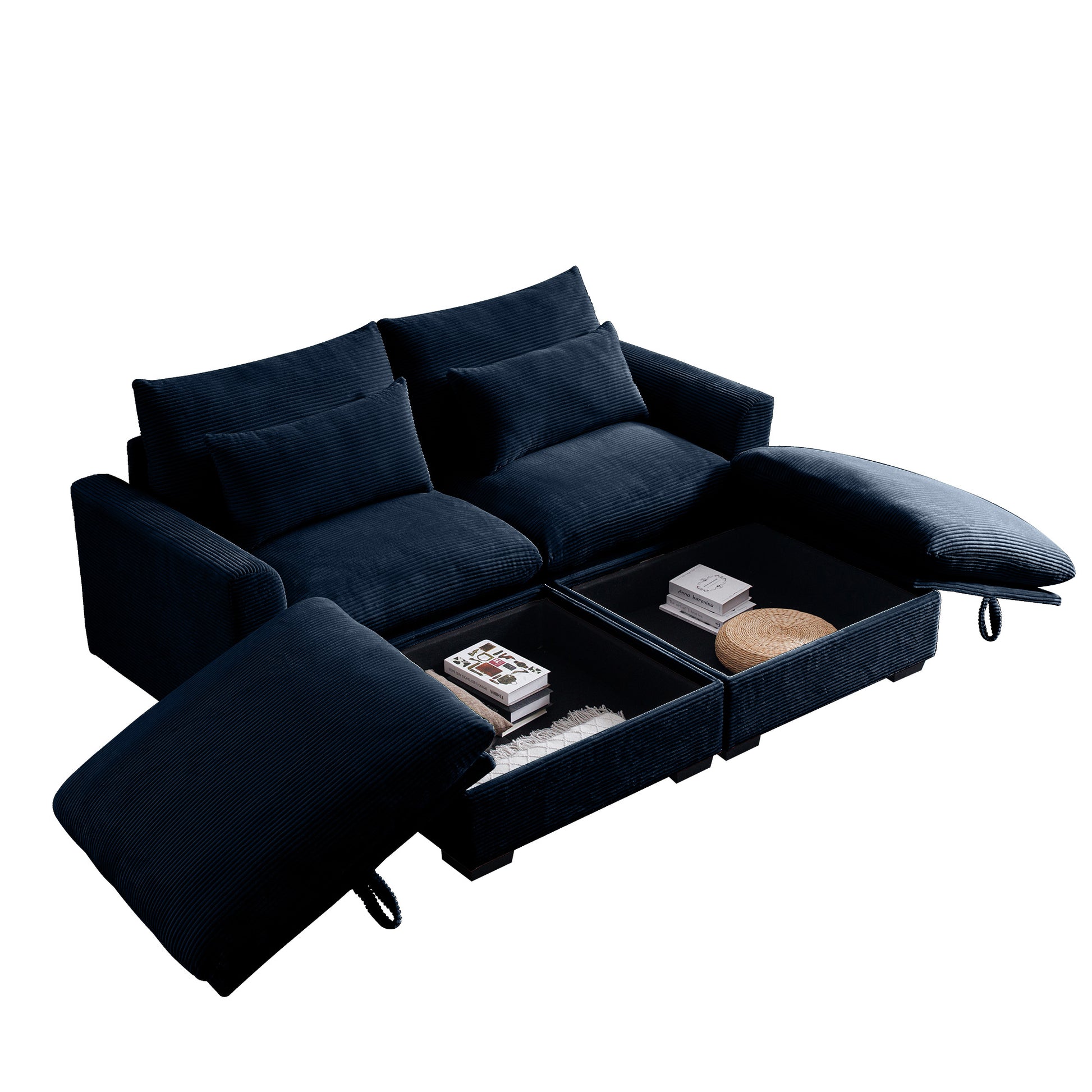 Navy corduroy sectional sofa with hidden storage compartments and plush cushions