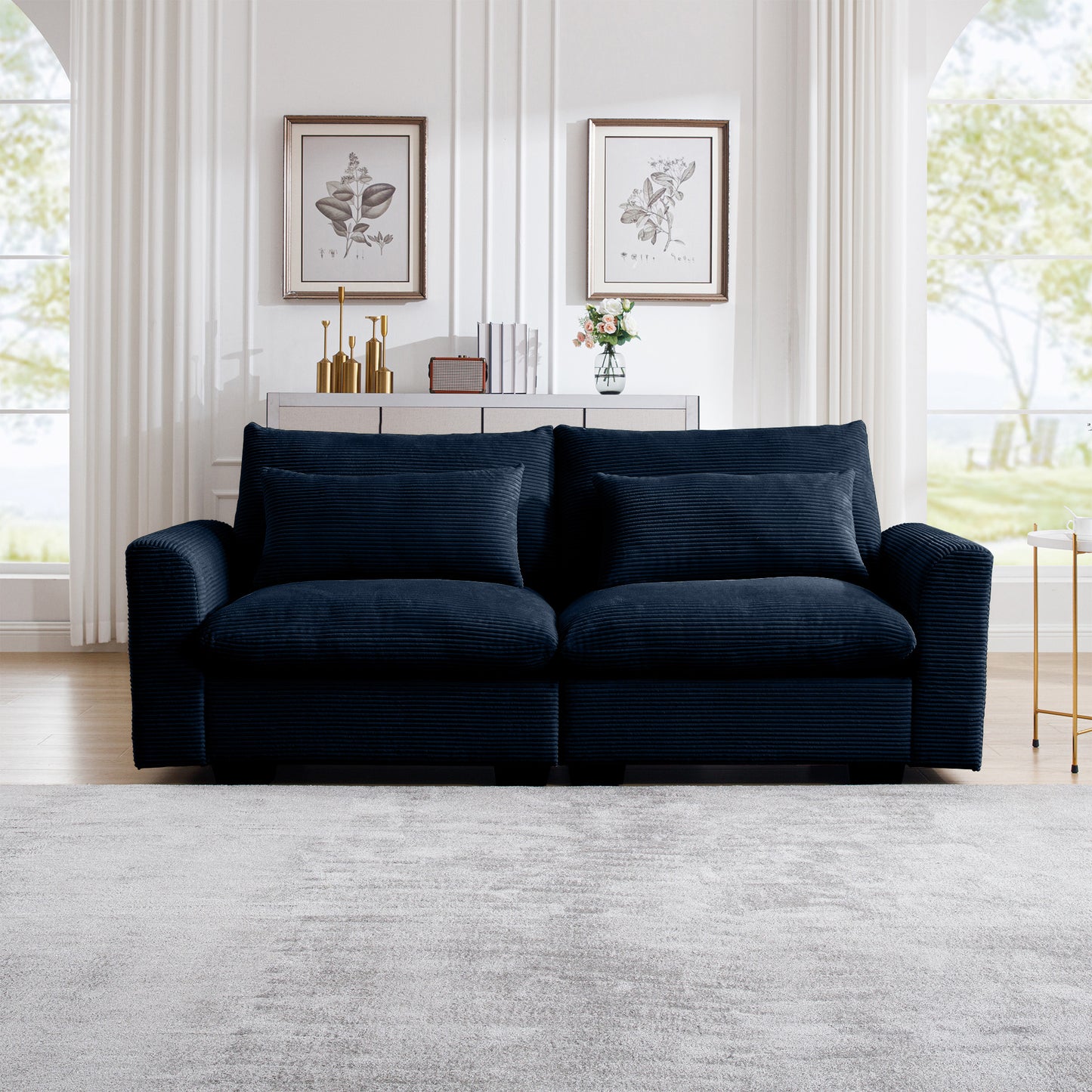 Navy corduroy sofa with plush cushions perfect for modern living rooms