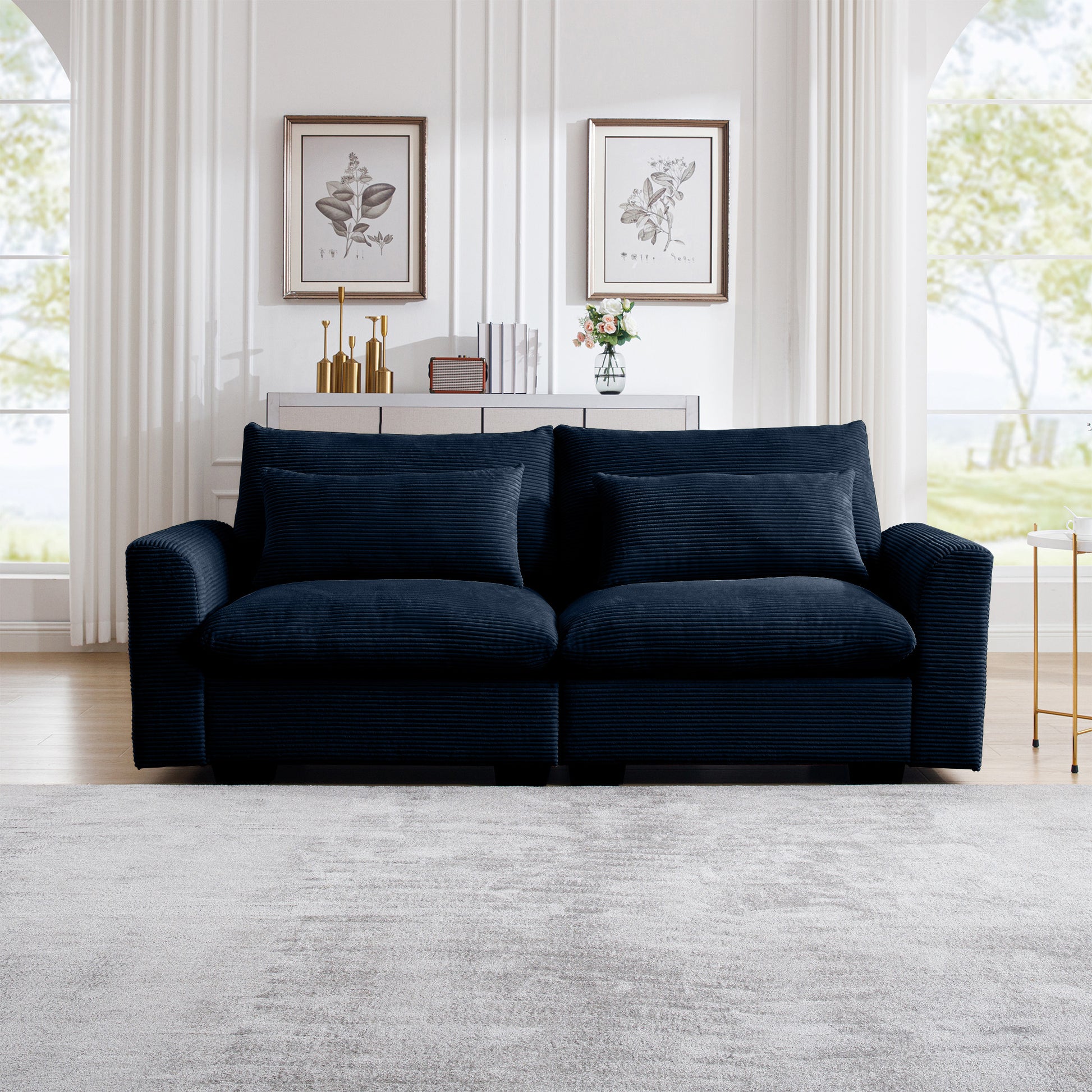 Navy corduroy sofa with plush cushions perfect for modern living rooms