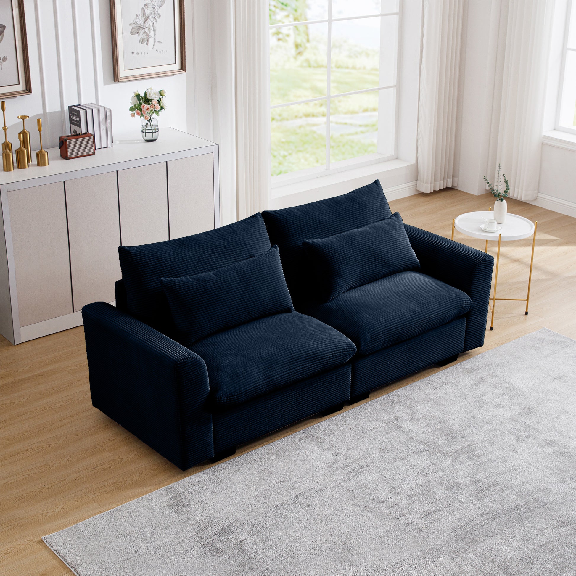 Navy corduroy sectional sofa with plush cushions perfect for modern living rooms