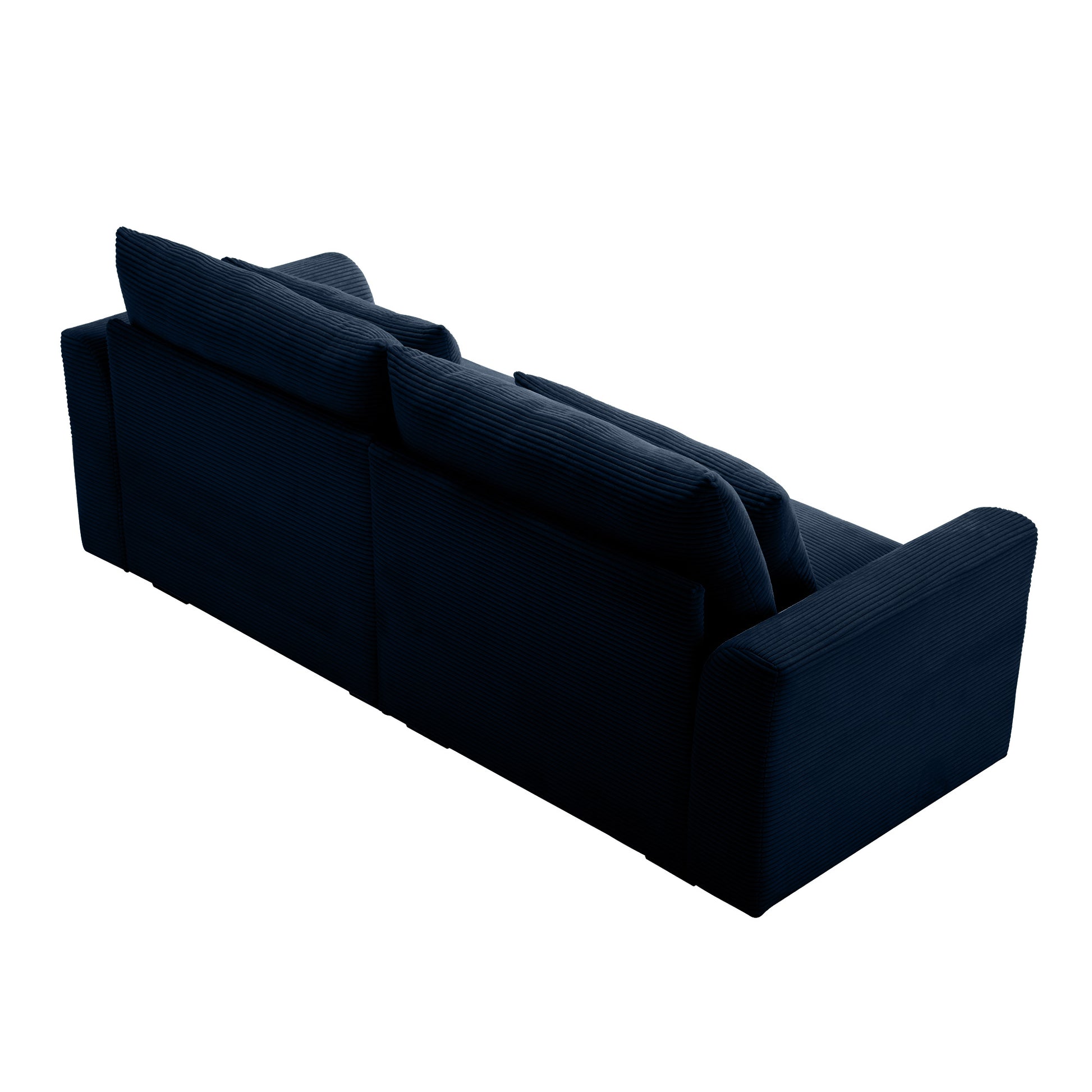 Dark blue corduroy sofa with plush back cushions modern living room furniture