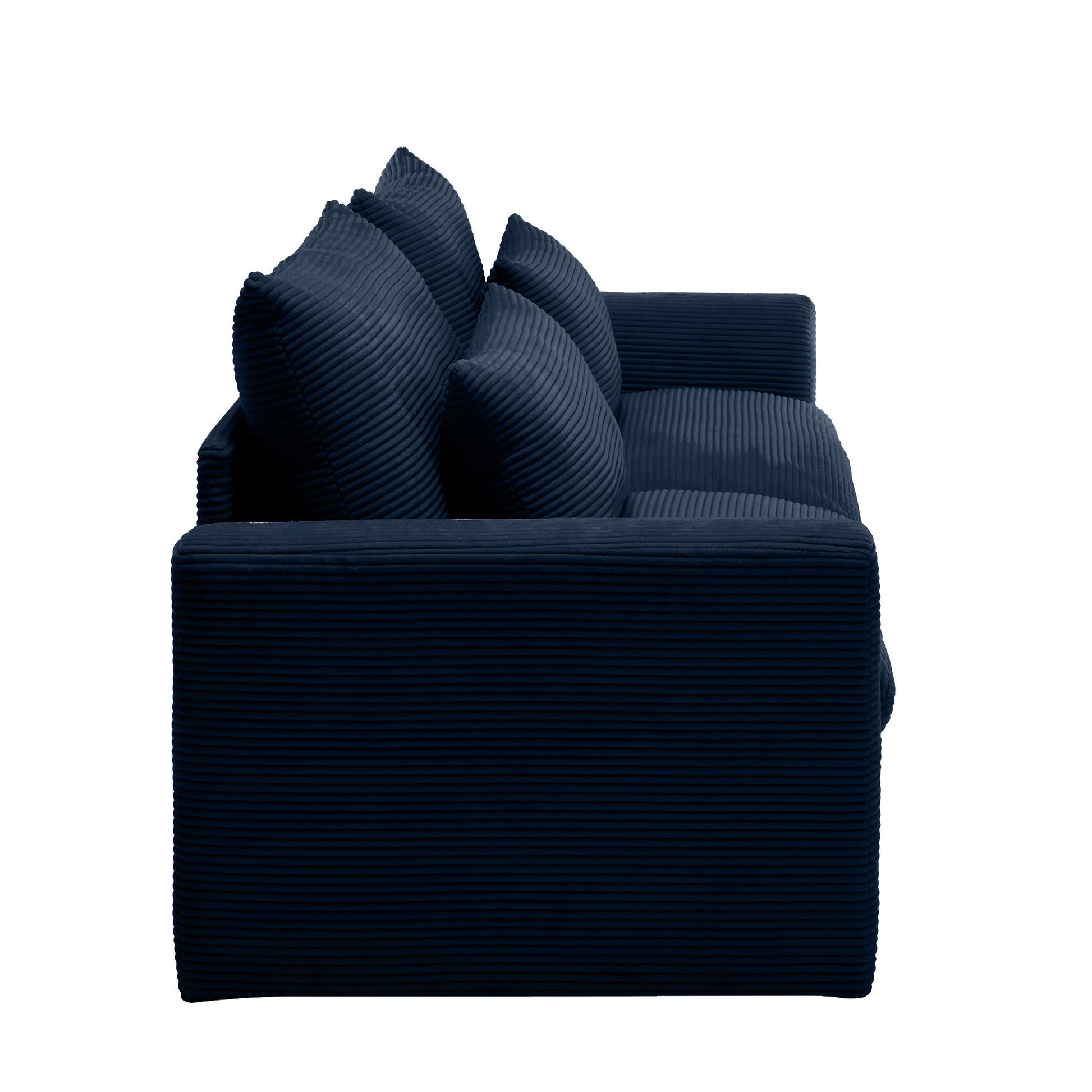 Navy blue corduroy sofa with plush throw pillows for a cozy living room setting
