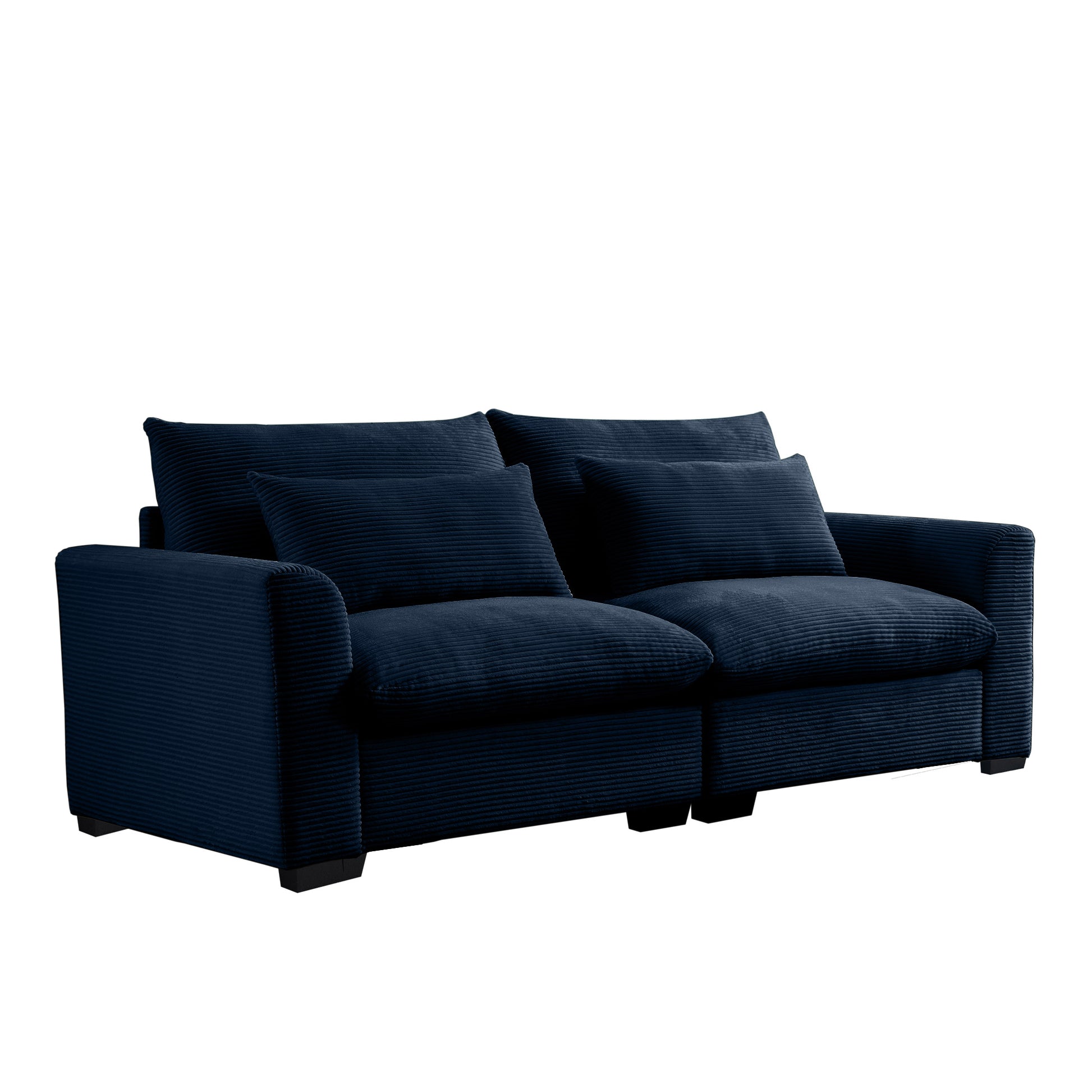 Deep navy blue corduroy sofa with plush cushions perfect for a cozy living room