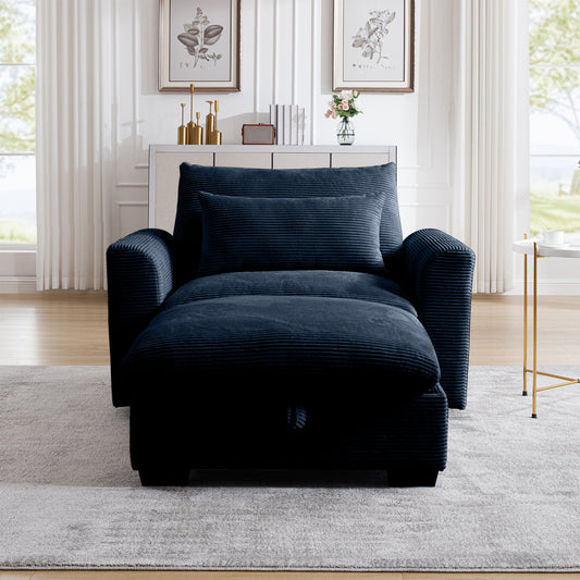 Navy corduroy upholstered convertible chair with pullout ottoman for easy conversion