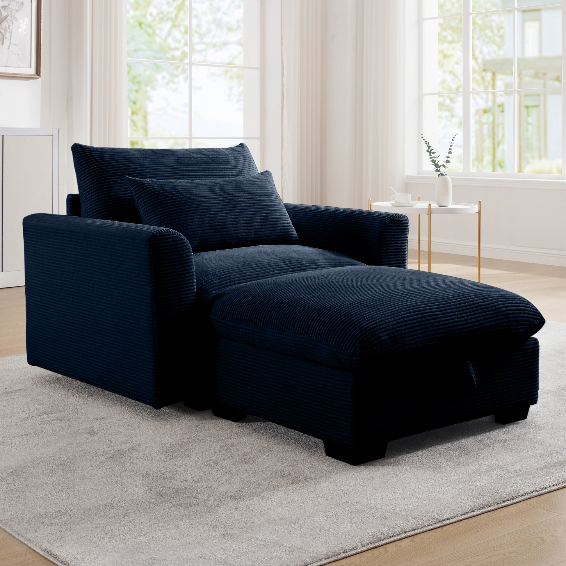 Dark navy corduroy chaise lounge with storage modern living room furniture