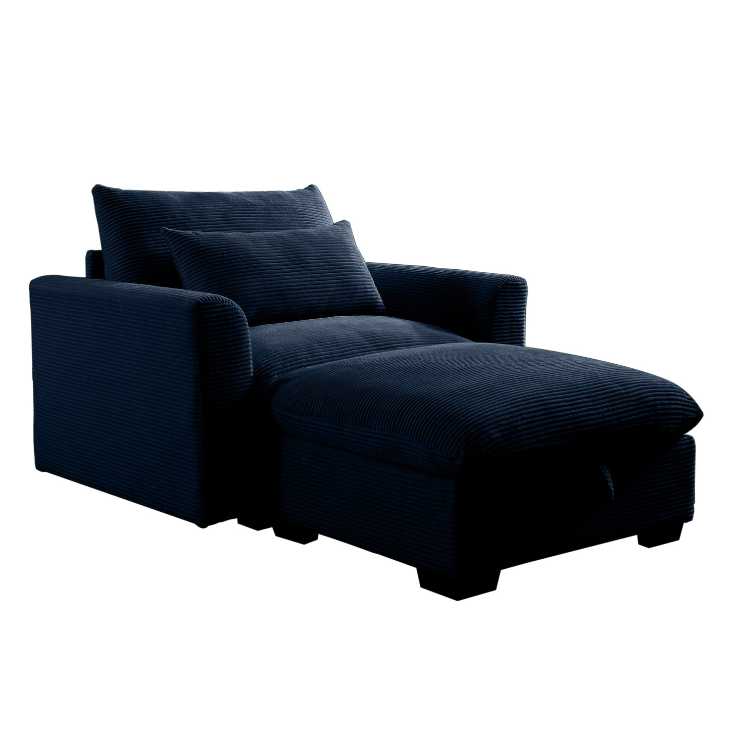 Navy blue corduroy chaise lounge chair with ottoman and pillows