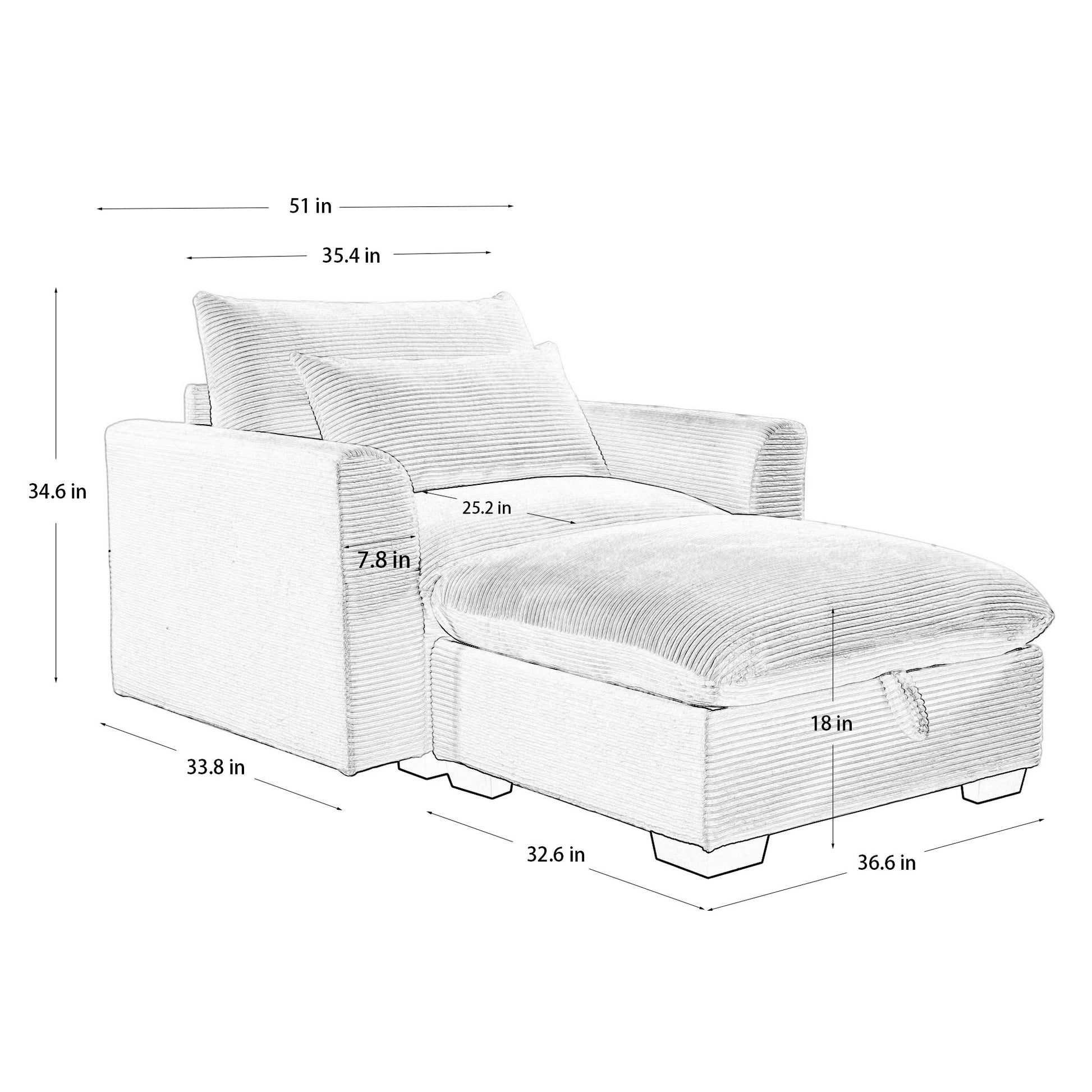 Sketch of a corduroy sectional chaise lounge with dimensions labeled