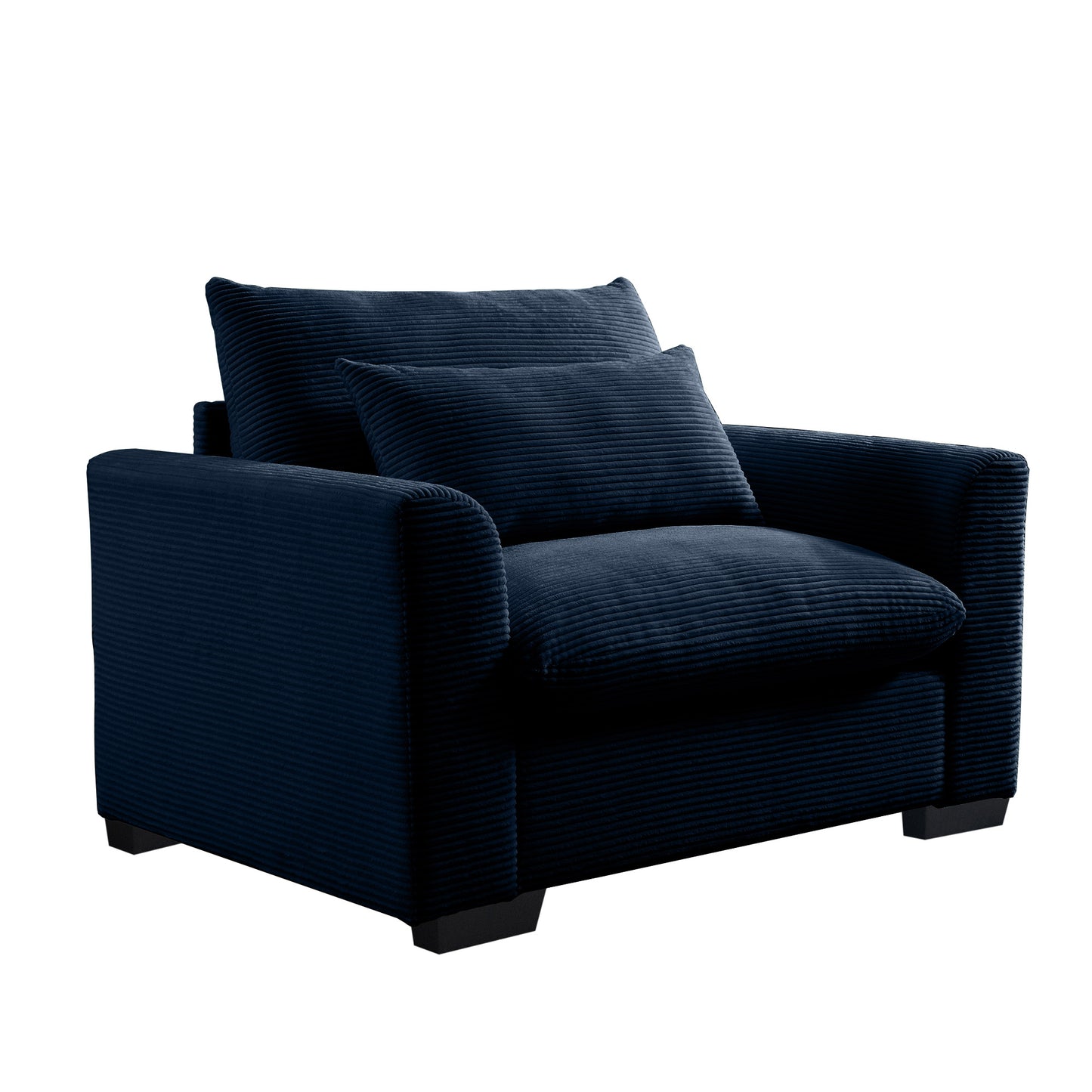 Navy corduroy armchair with plush seat and back cushions perfect for cozy living rooms