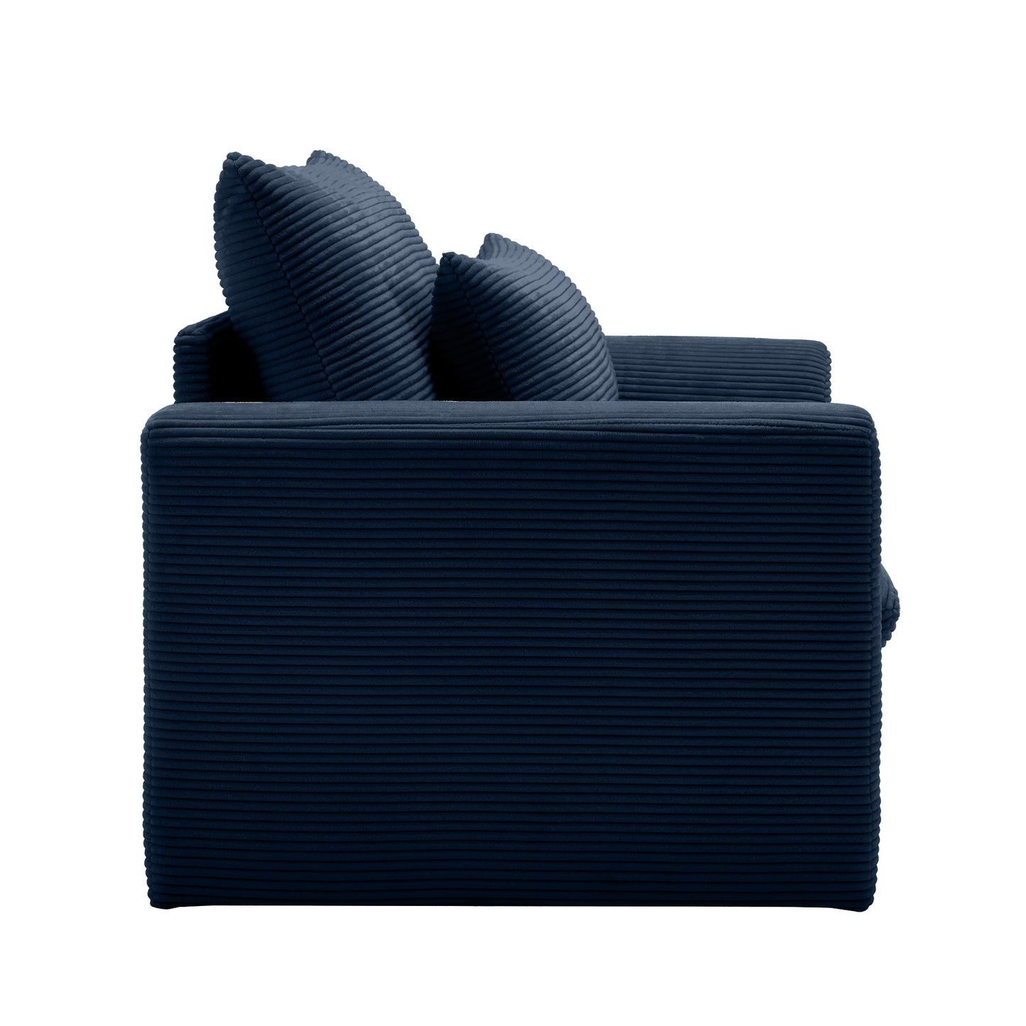 Navy corduroy armchair with ribbed texture and matching throw pillows
