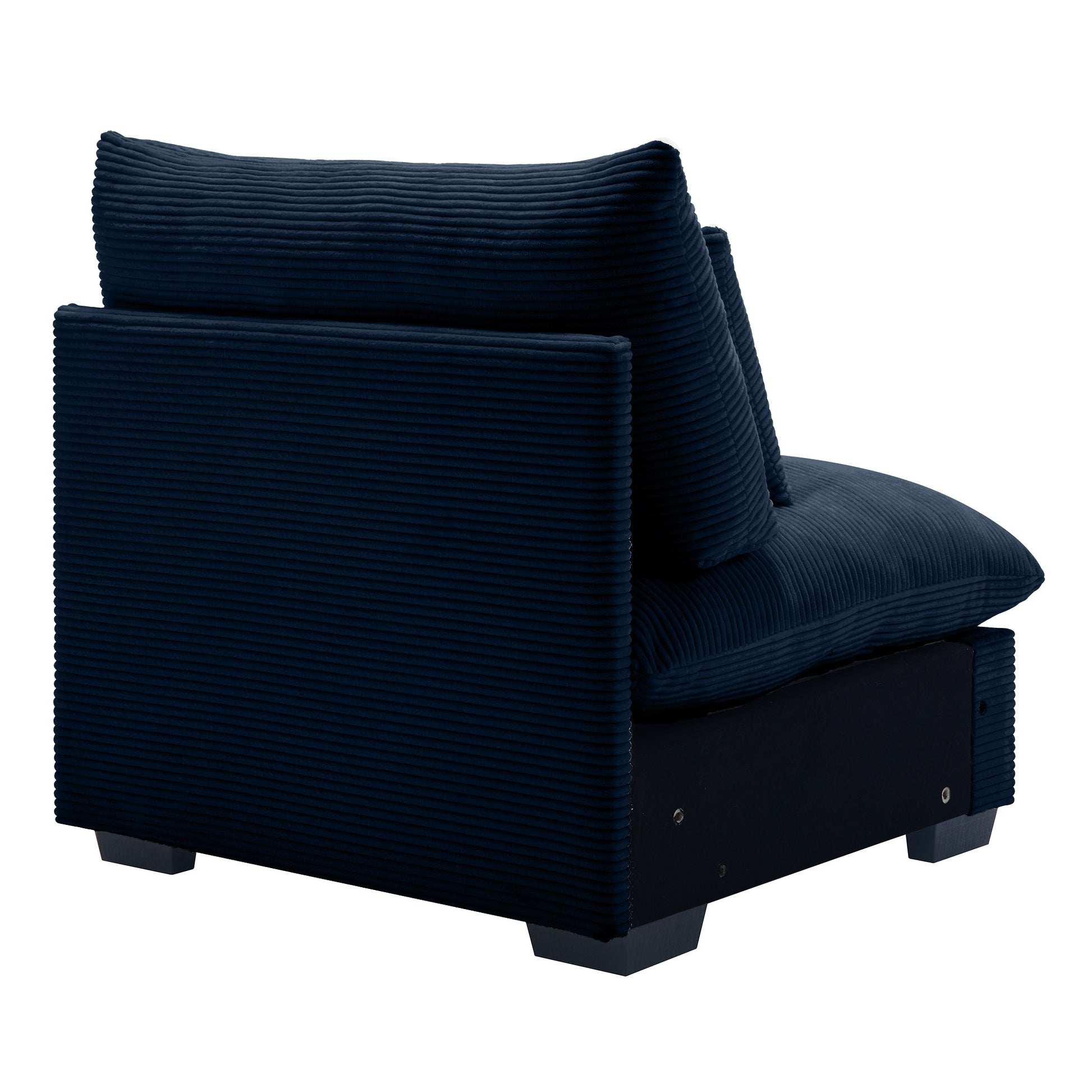 Dark navy corduroy armchair plush cushions and ribbed fabric texture