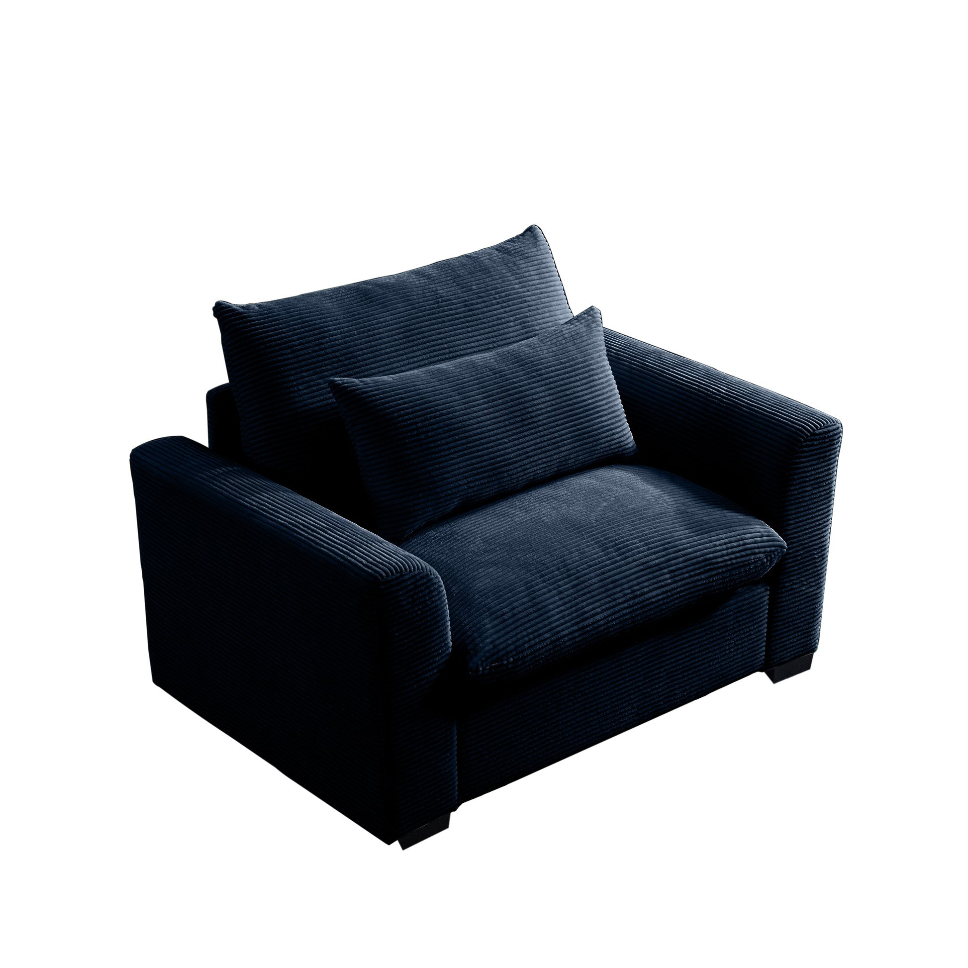 Cozy navy blue corduroy armchair with plush cushions perfect for modern living rooms