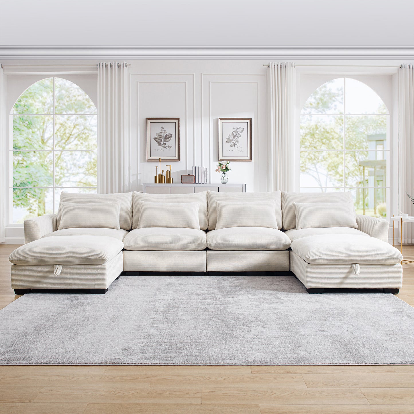 Cream corduroy sectional sofa with plush cushions in a modern living room setting