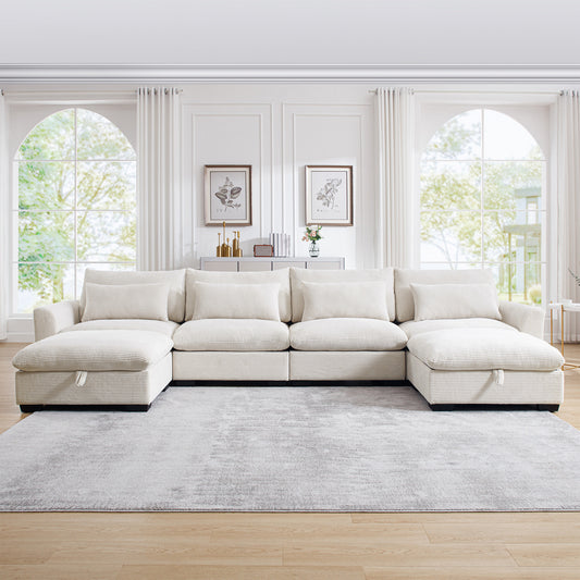 Cream corduroy sectional sofa with plush cushions in a modern living room setting
