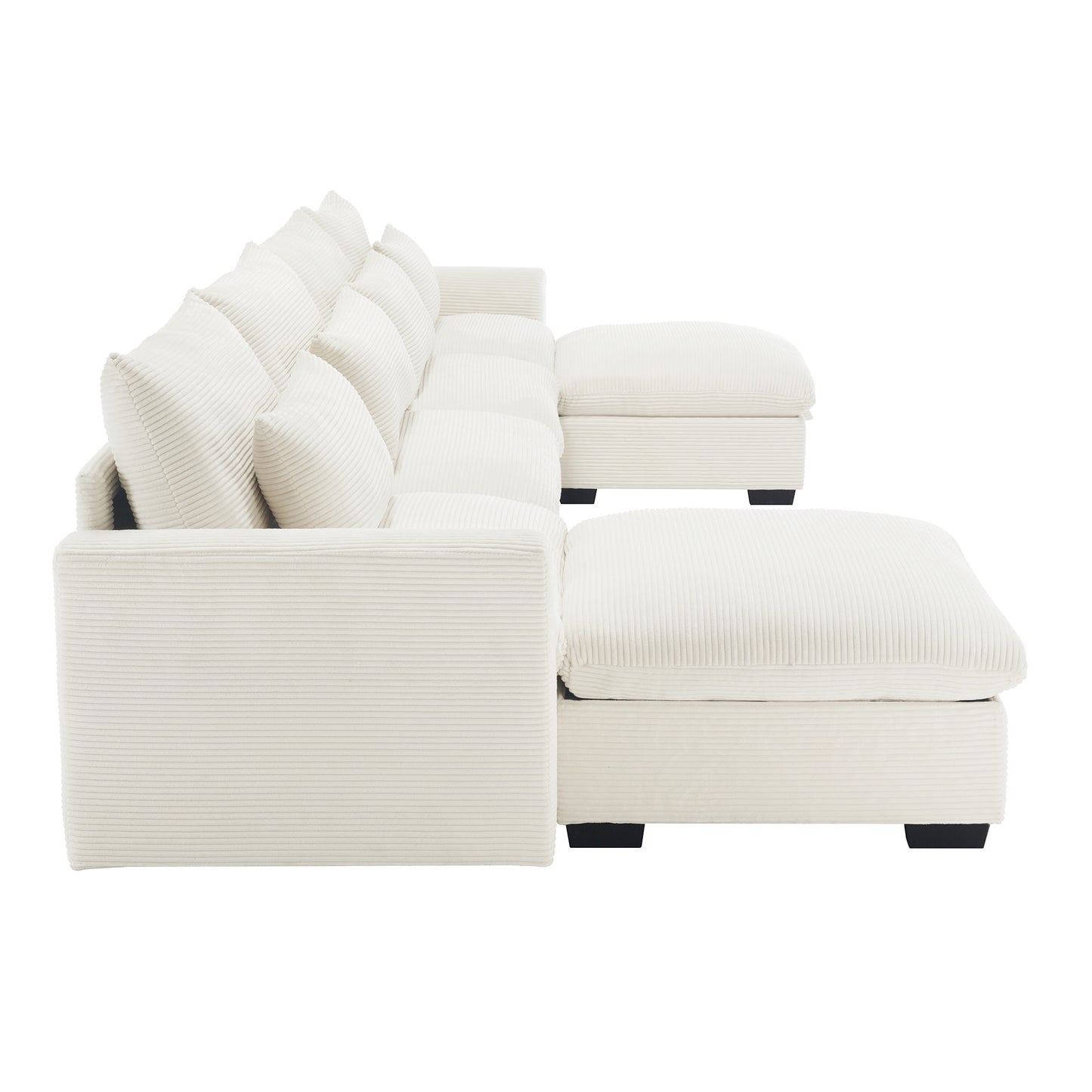Sectional cream corduroy sofa with plush cushions and matching ottomans