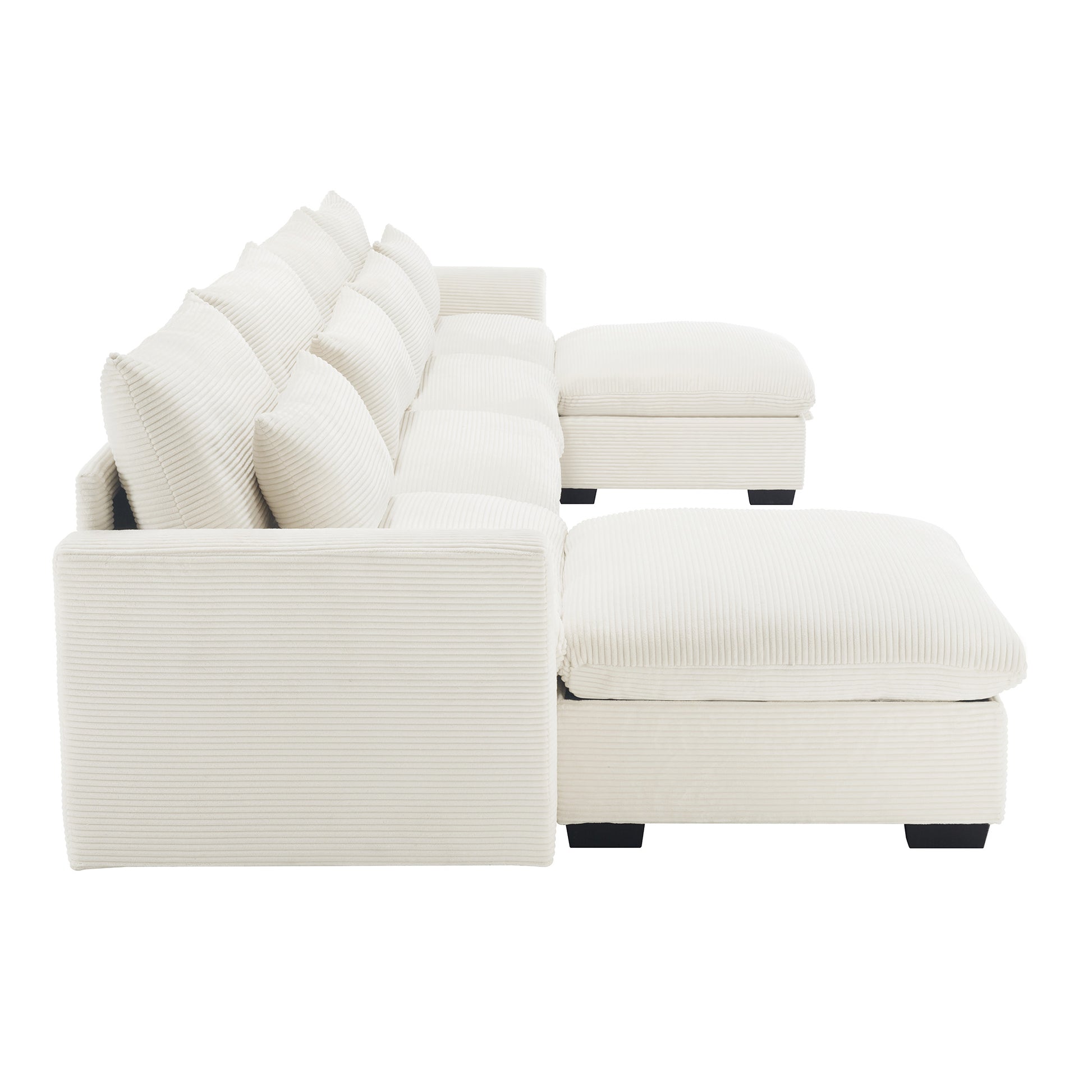 Sectional cream corduroy sofa with plush cushions and matching ottomans