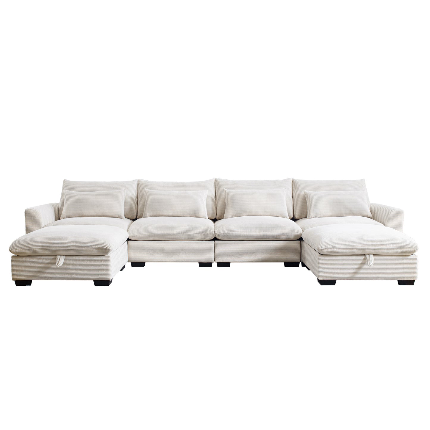 Cream corduroy sectional sofa with chaise and hidden storage for living rooms