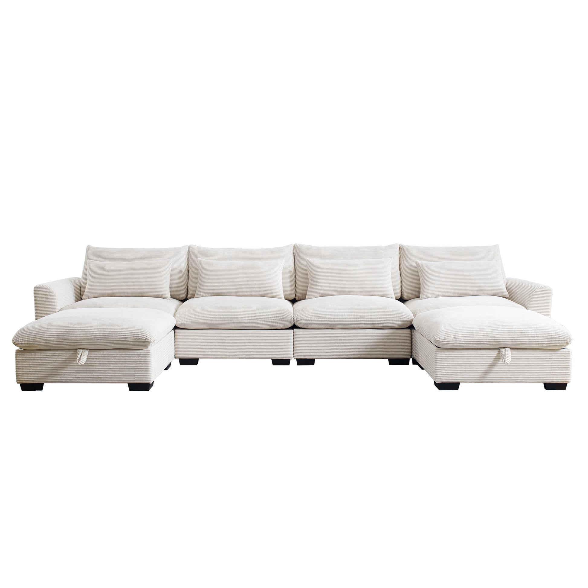 Cream corduroy sectional sofa with chaise and hidden storage for living rooms