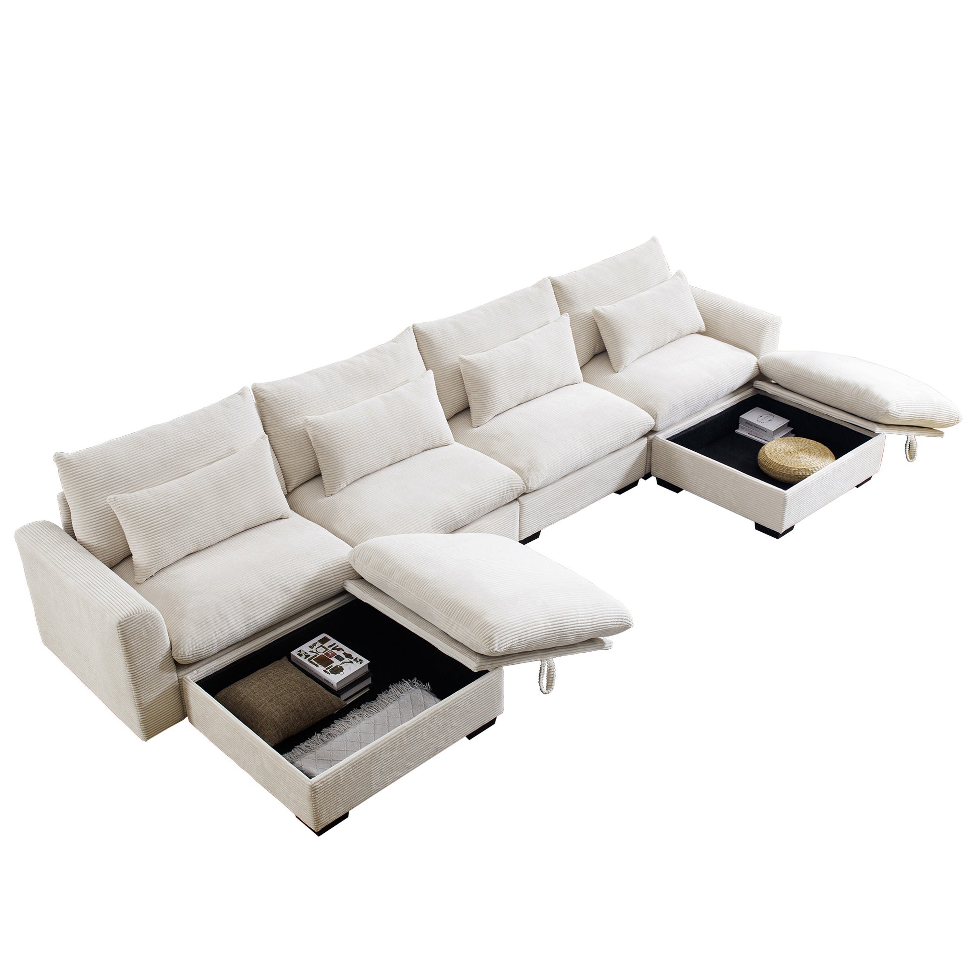 Cream corduroy sectional sofa with hidden storage compartments for blankets and books