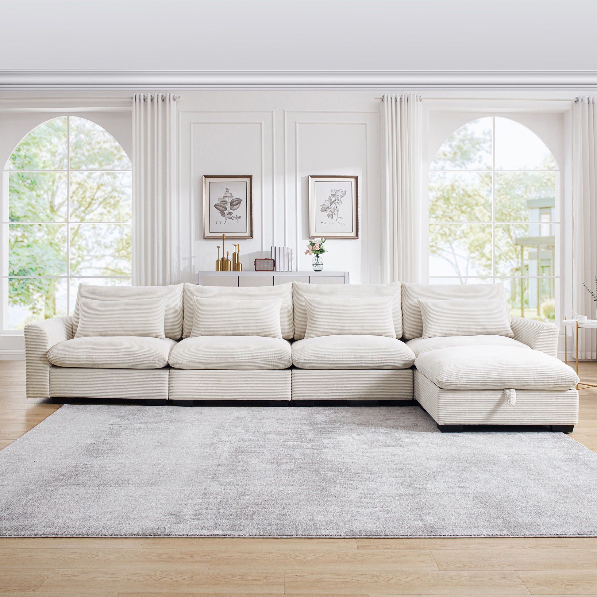 Plush corduroy sectional sofa in cream with deep seats and large plush cushions