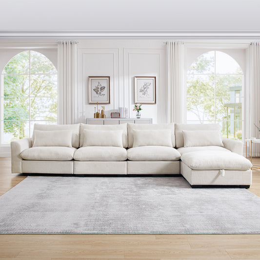 Plush corduroy sectional sofa in cream with deep seats and large plush cushions
