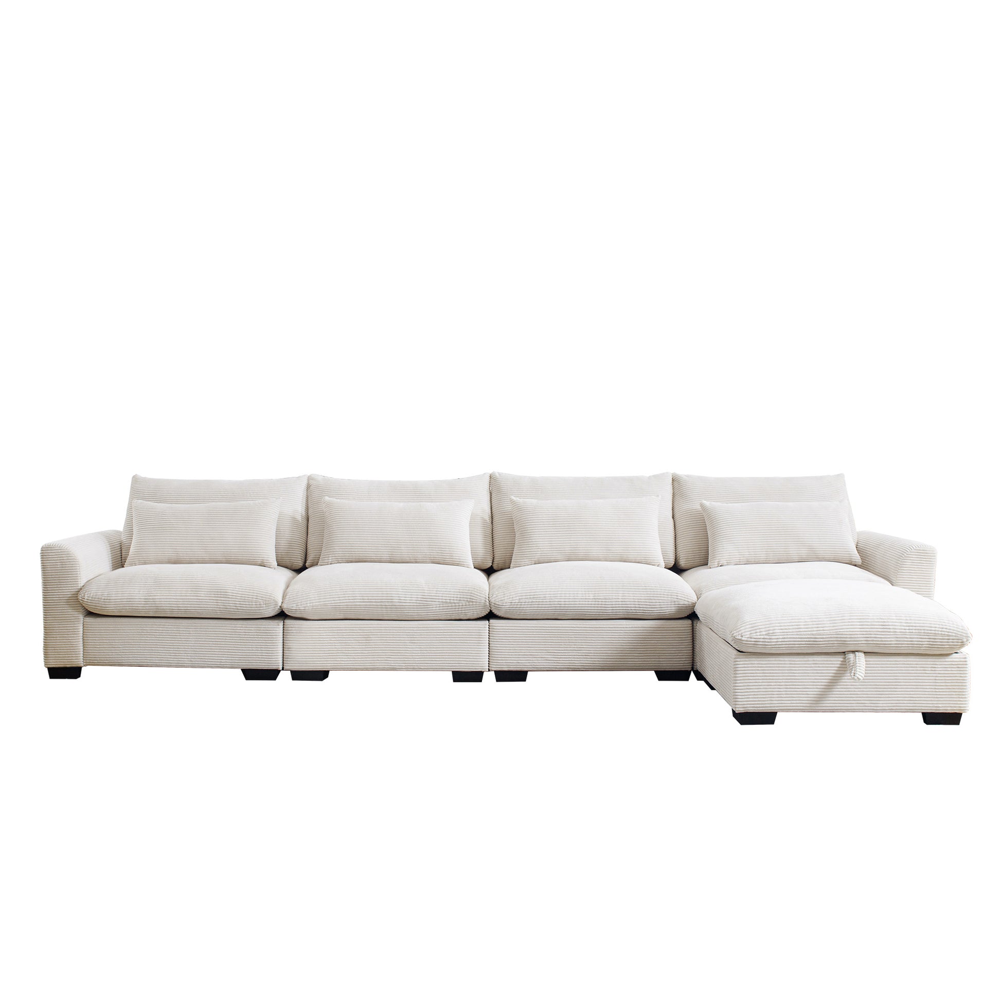 Cream corduroy sectional sofa with plush cushions and chaise lounge for modern living room