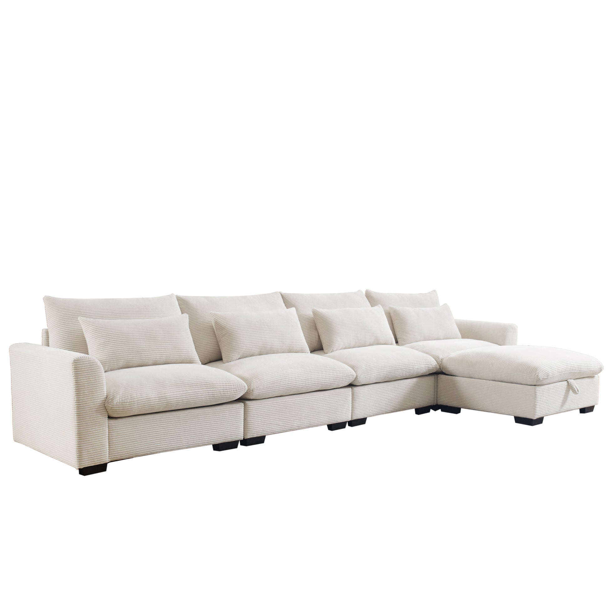 Plush cream corduroy sectional sofa with ample seating and chaise lounge for relaxation
