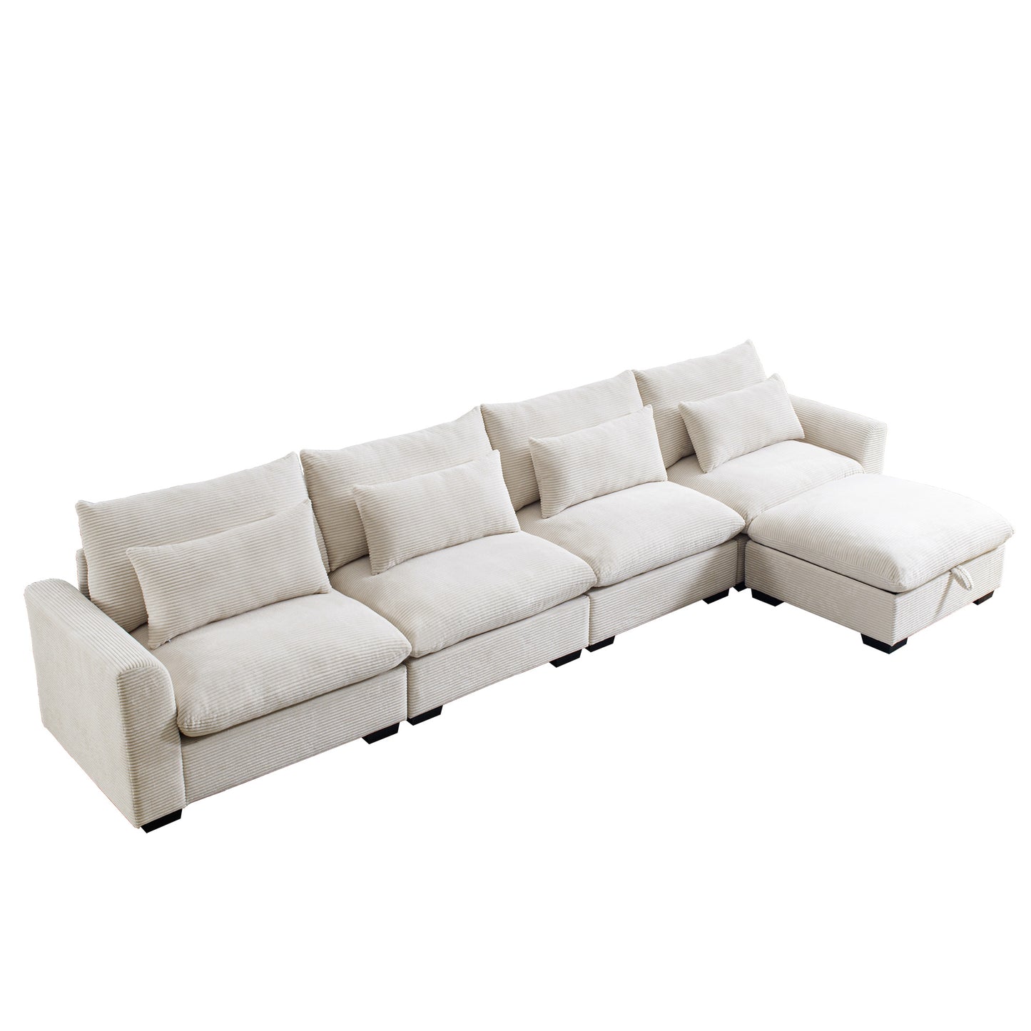 Cream corduroy sectional sofa with plush cushions and a chaise lounge
