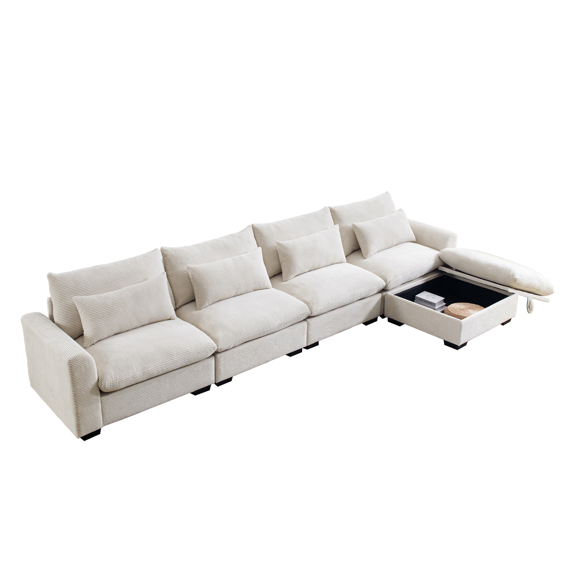 Cream corduroy sectional sofa with hidden storage ottoman plush cushions for ultimate comfort