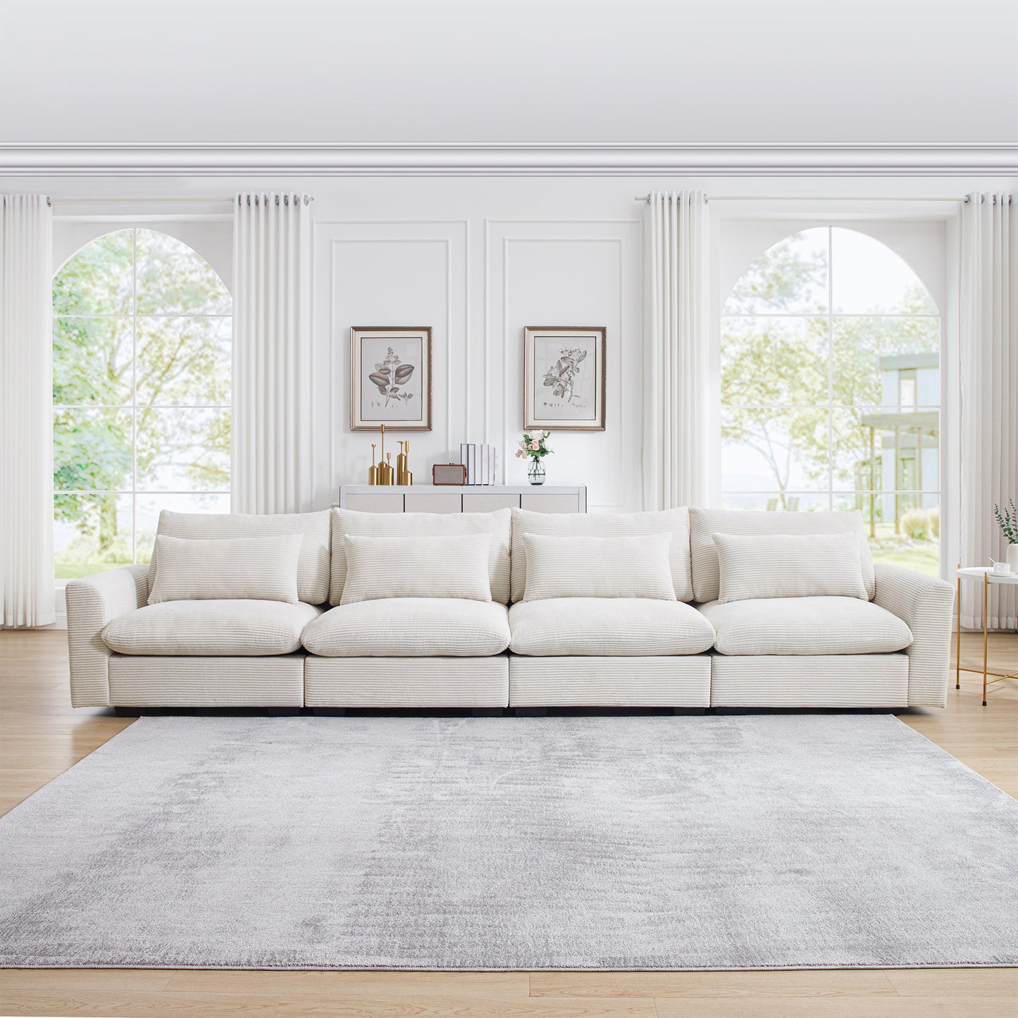 Sectional beige corduroy sofa with plush cushions ideal for a modern living room