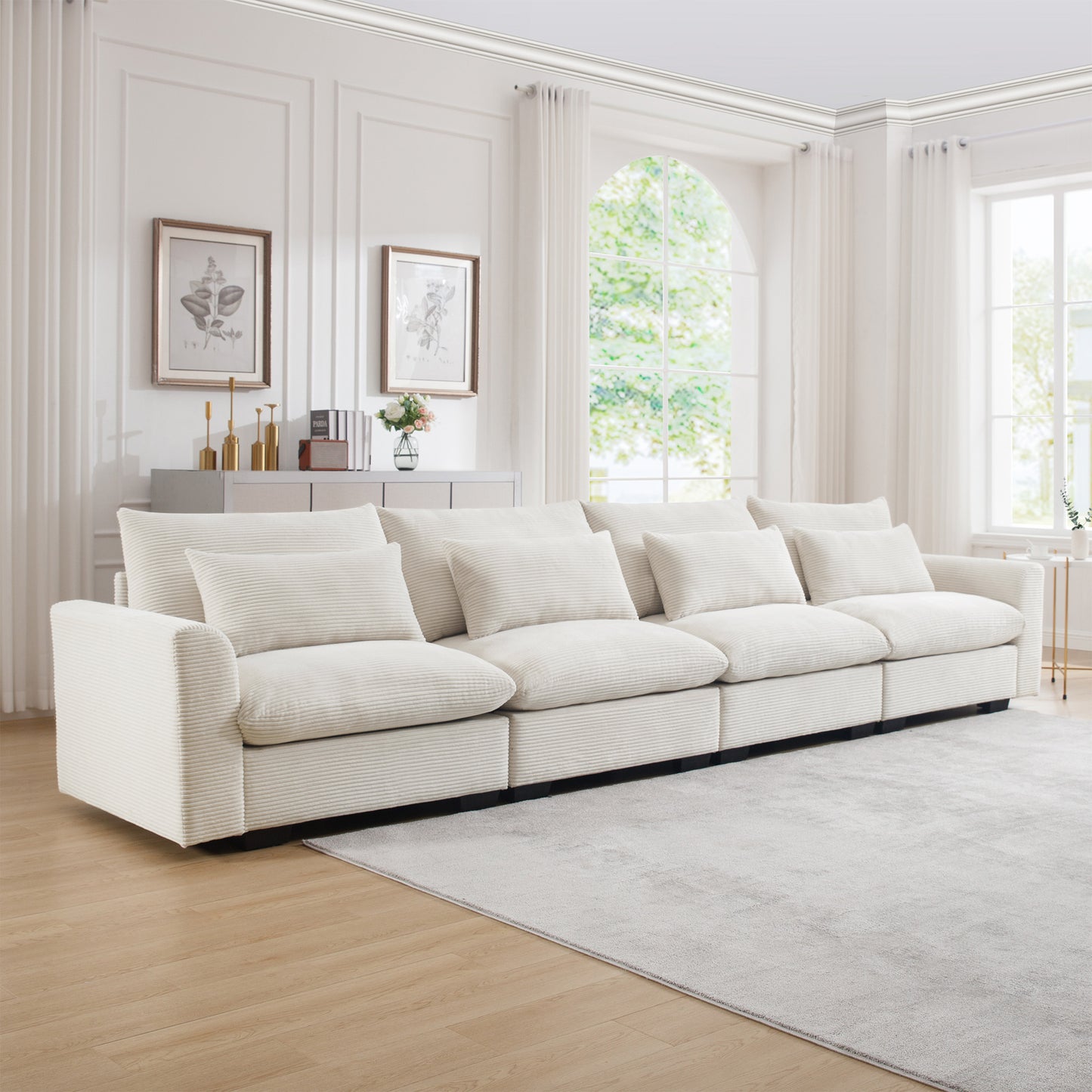 Plush cream corduroy sectional sofa with deep seating and plush pillows