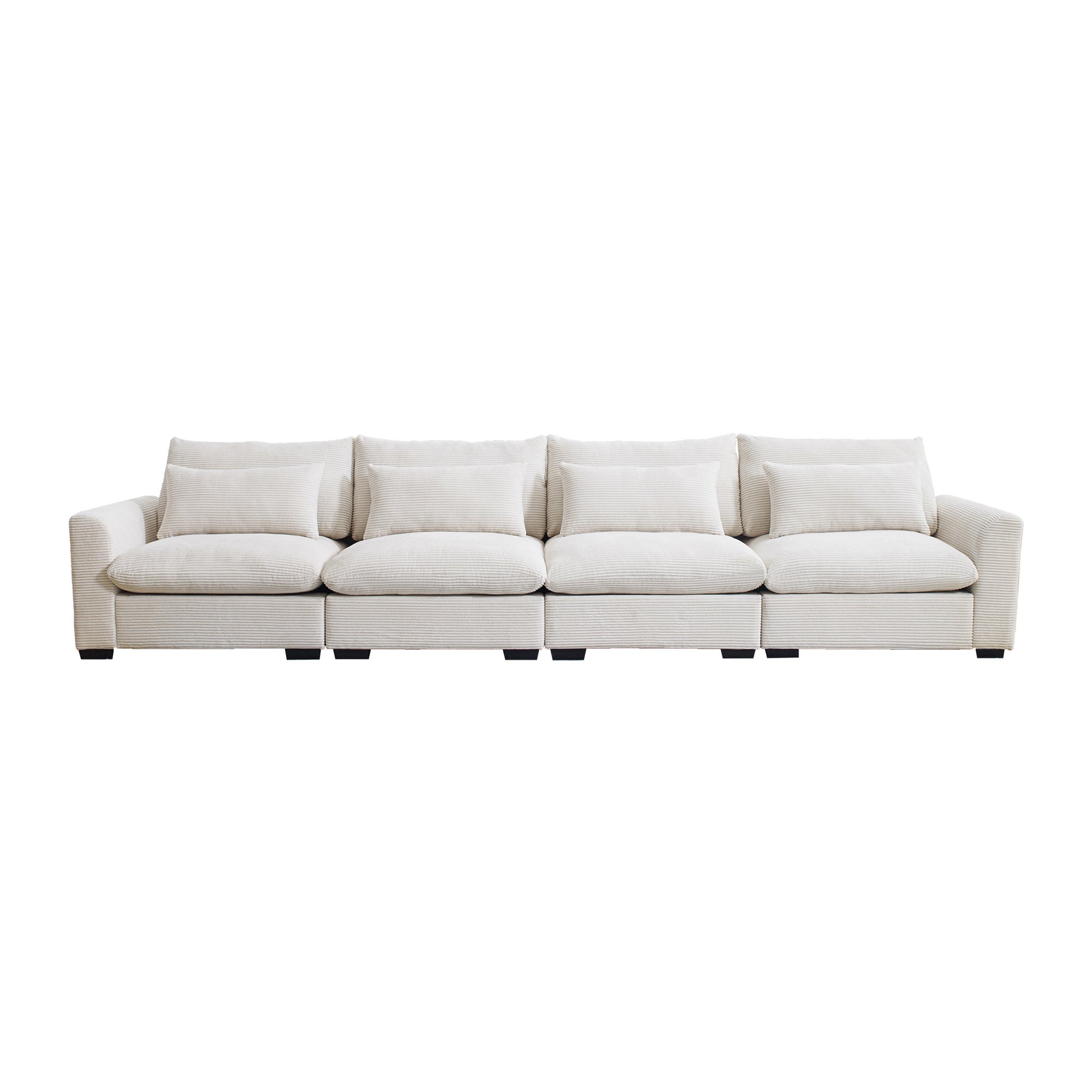 Cream corduroy sectional sofa with plush cushions and lumbar pillows for living room comfort
