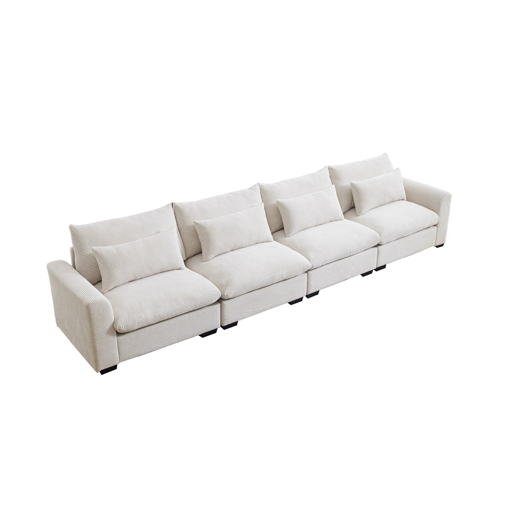 Sectional sofa in cream corduroy fabric with plush back and seat cushions